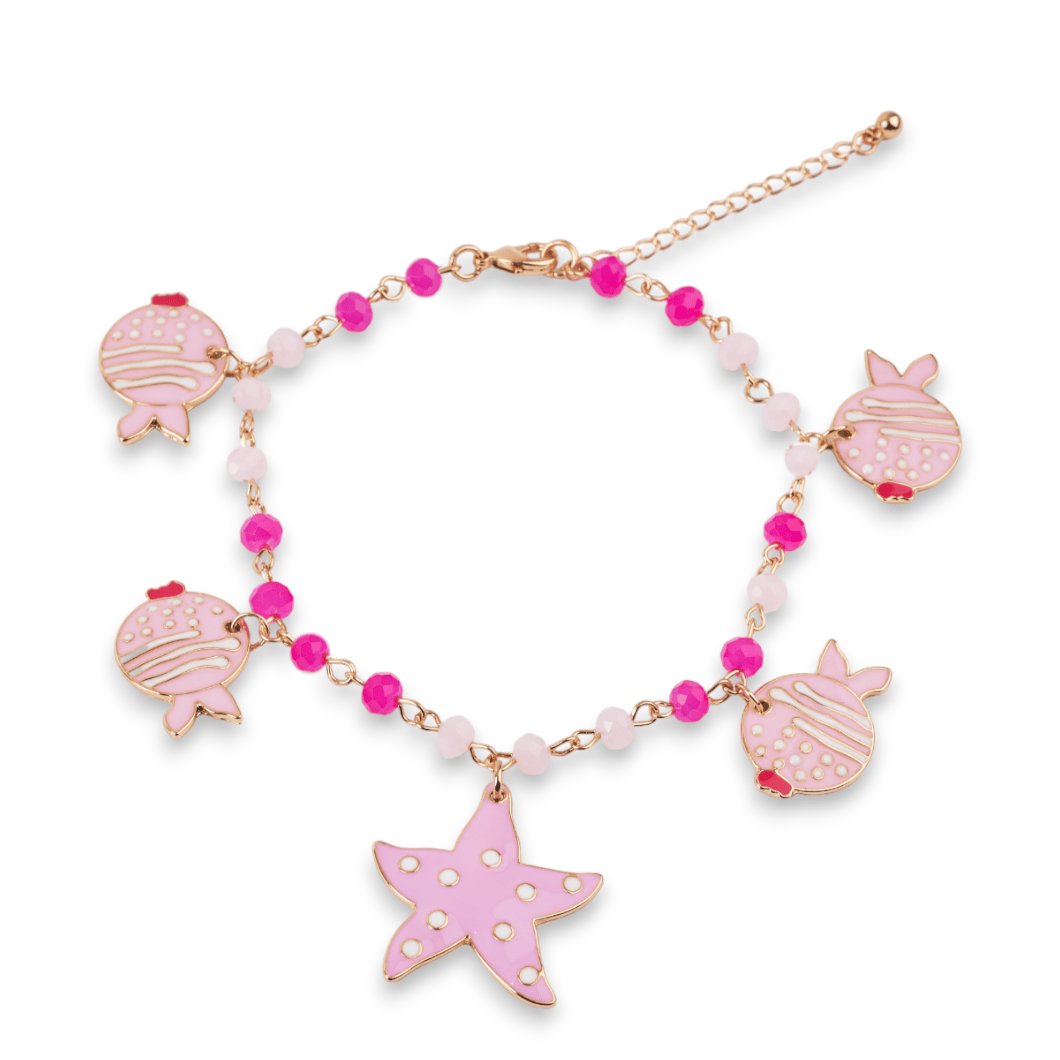 Bracciale con Charm Stella Marina e Pesce Palla in Metallo Oro e Vetro Bianco e Rosa - Mya Accessories