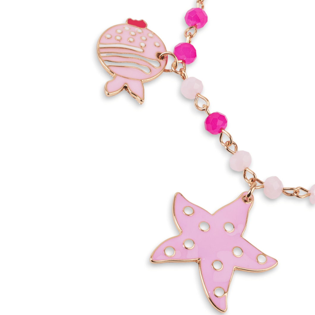 Bracciale con Charm Stella Marina e Pesce Palla in Metallo Oro e Vetro Bianco e Rosa - Mya Accessories