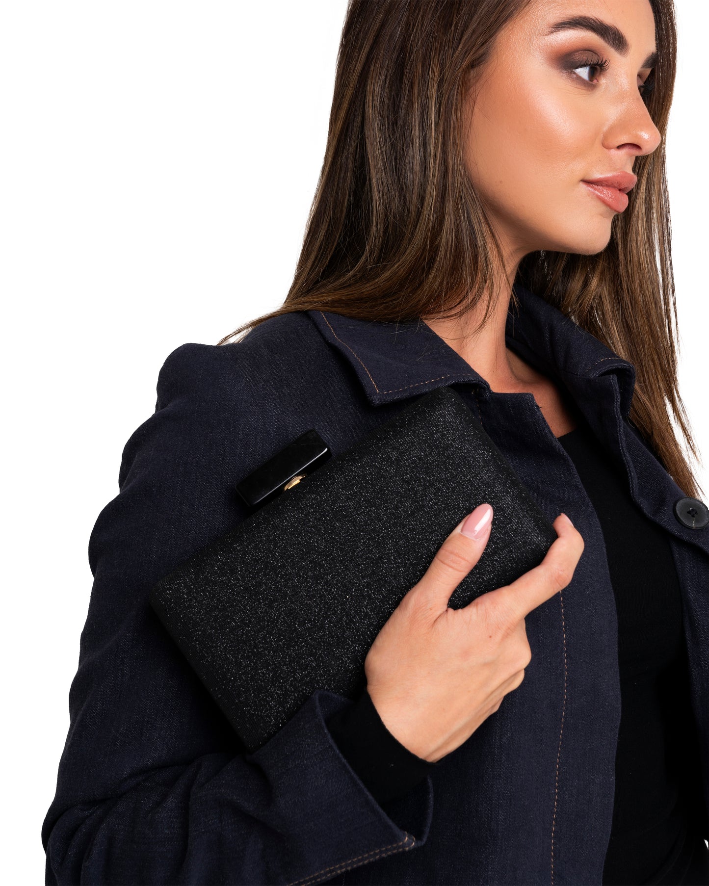 Borsa clutch brillantinata nera