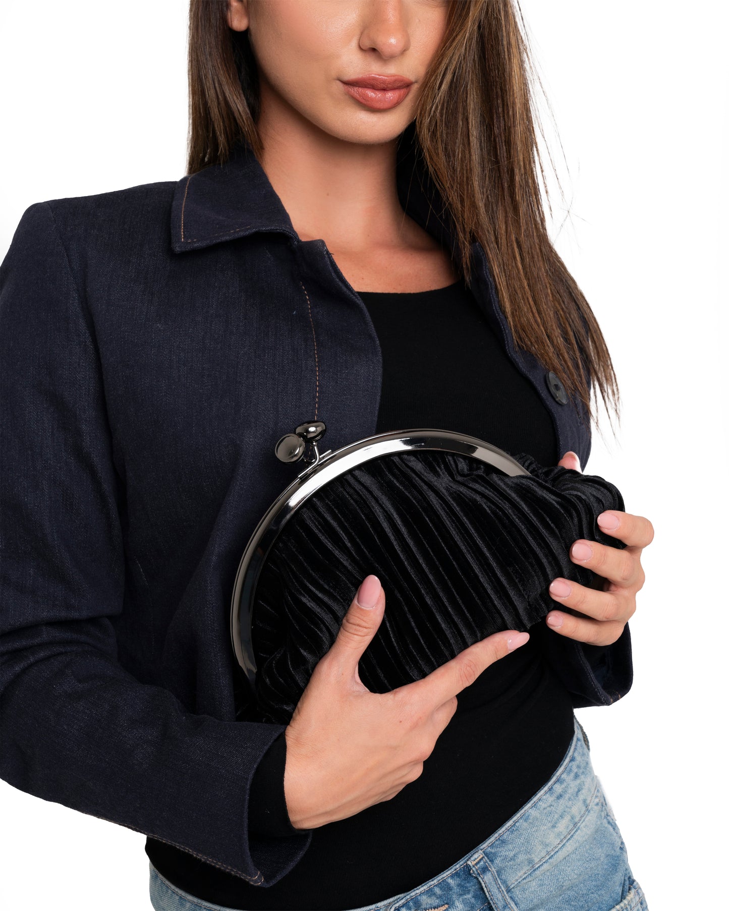 Borsa pochette tessuto in velluto plissettato nero