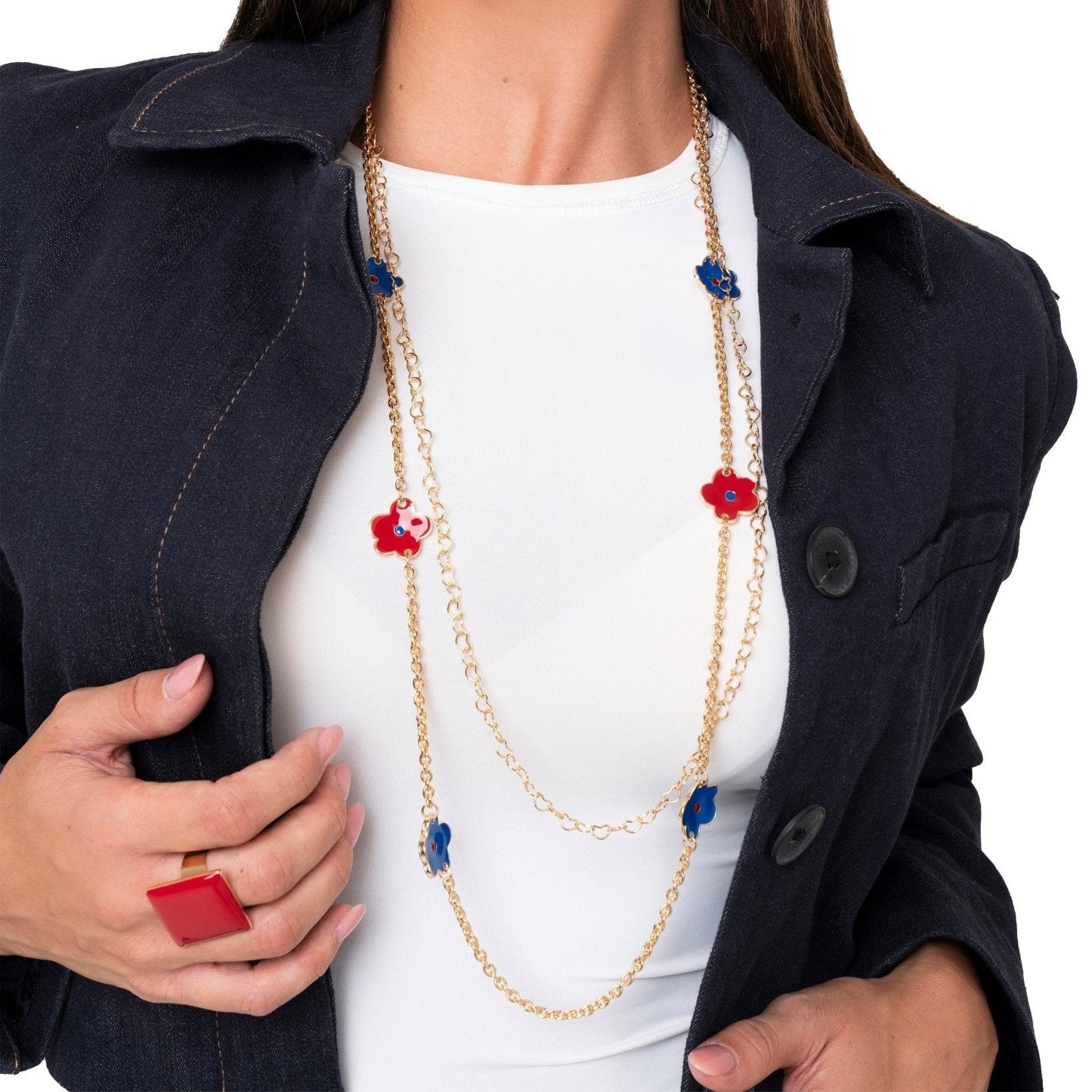 Collana lunga a catena doppio filo con fiori smaltati blu e rossi - Mya Accessories