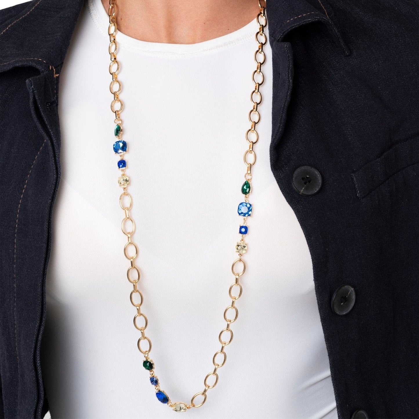 Collana lunga a catena con pietre in vetro tono blu - Mya Accessories