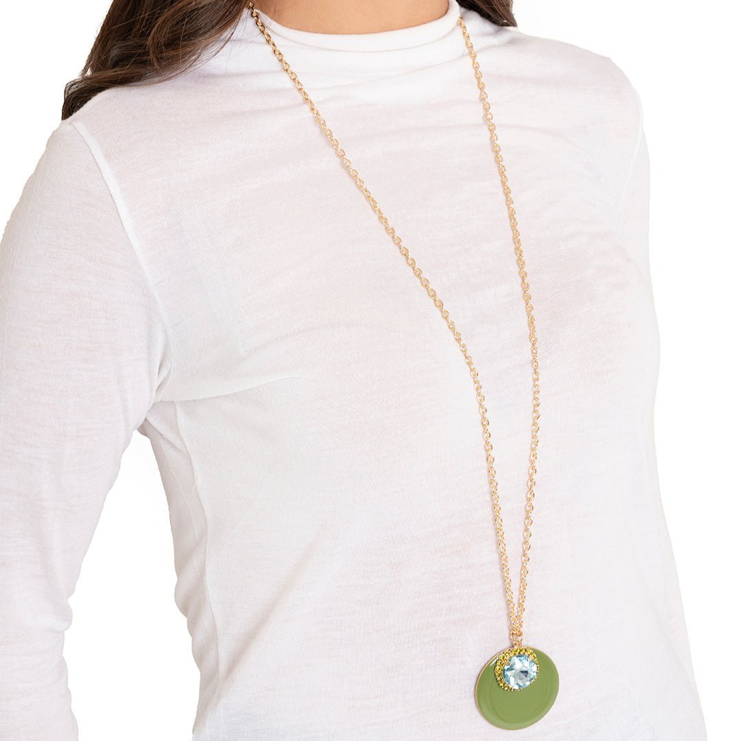 Collana lunga in acciaio con doppio pendente smaltato ed in vetro verde - Mya Accessories