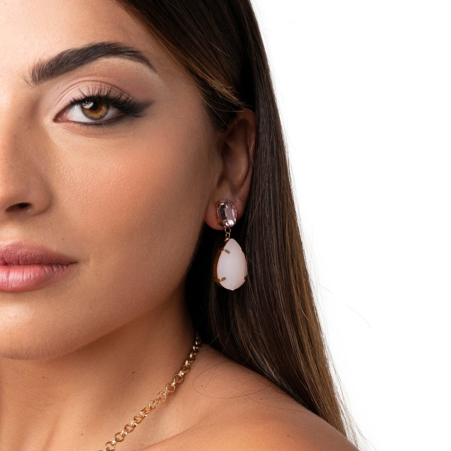 Orecchini pendenti con doppia pietra a goccia rosa - Mya Accessories