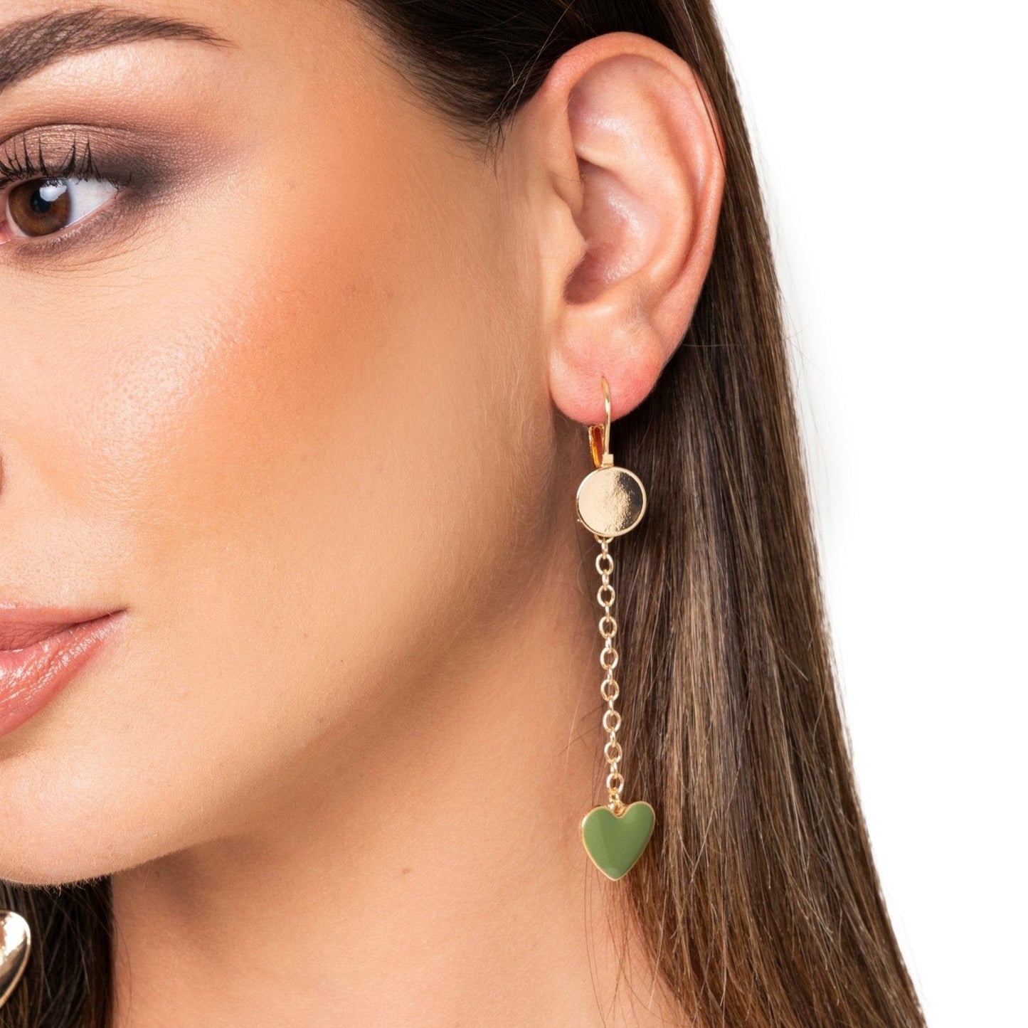 Orecchini a catena in metallo pendenti con cuori smaltati verdi - Mya Accessories