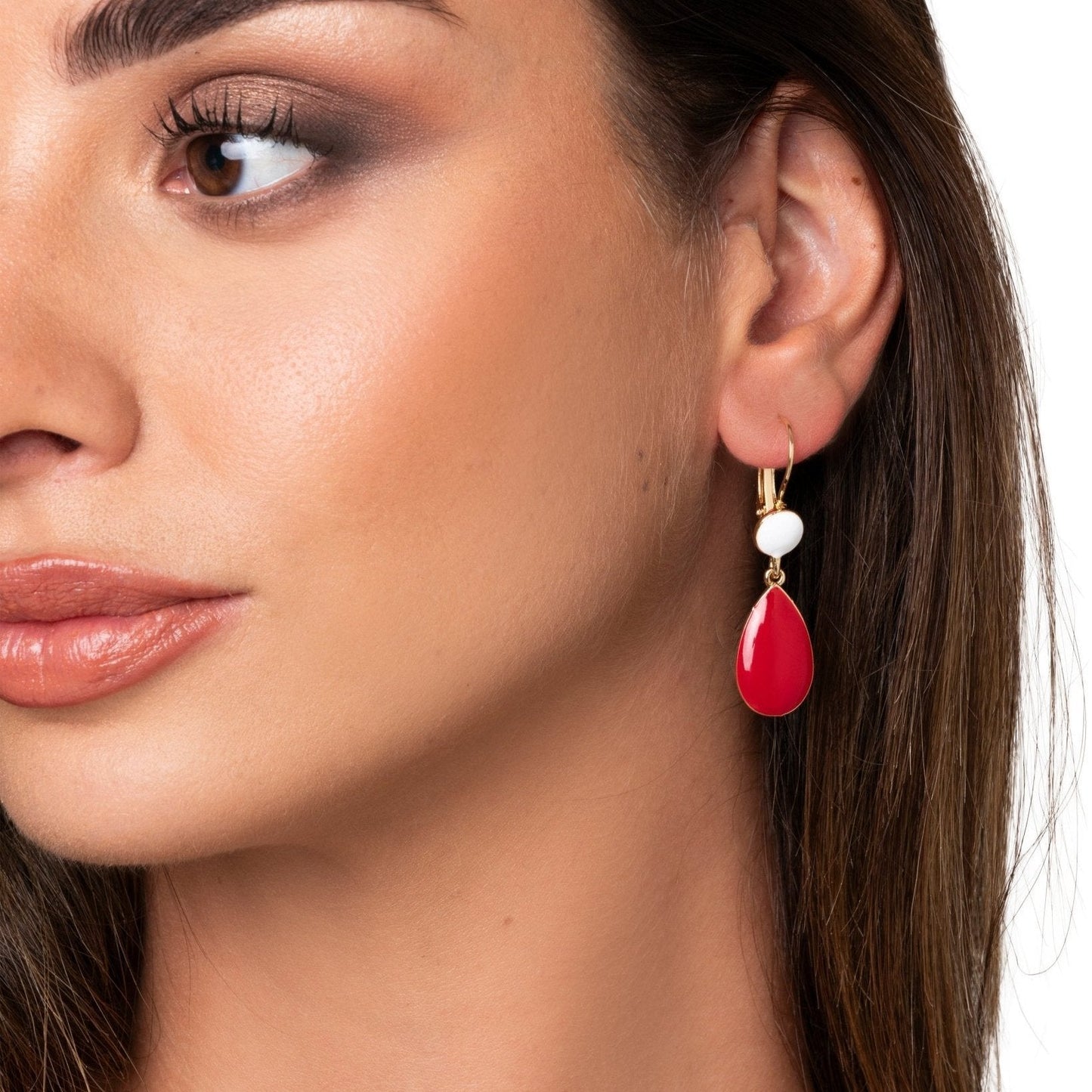 Orecchini pendenti a goccia piccola smaltati bianchi e rossi - Mya Accessories