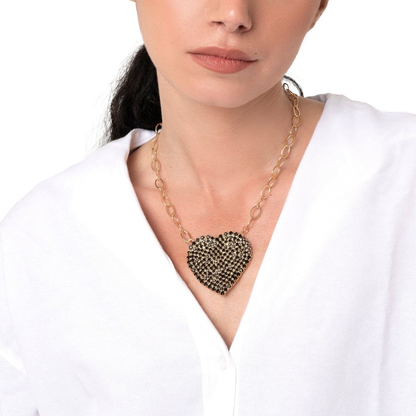 Collana girocollo a catena con pendente a forma di cuore con strass neri - Mya Accessories