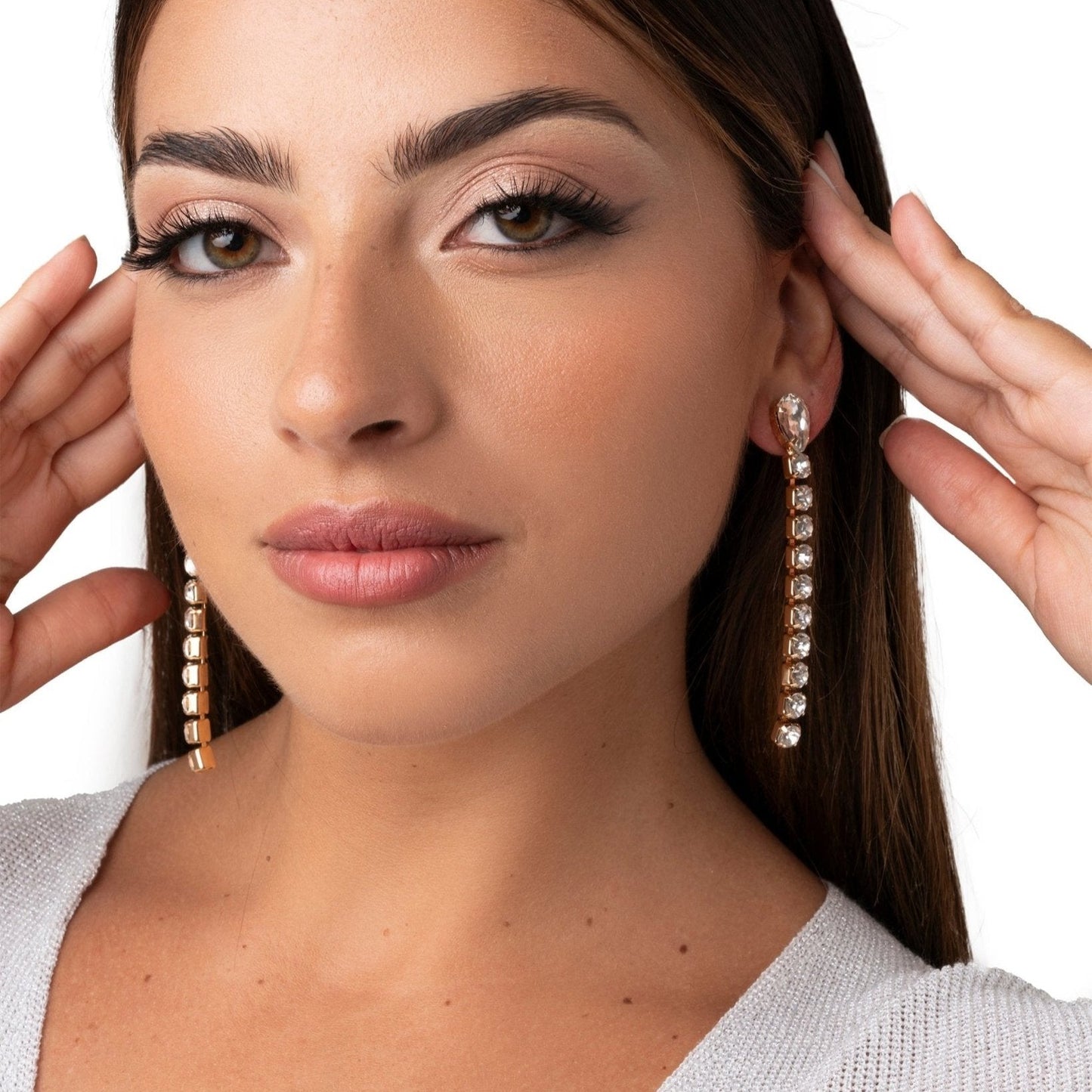 Orecchini pendenti lunghi con filo di strass con pietra a forma di goccia crystal - Mya Accessories