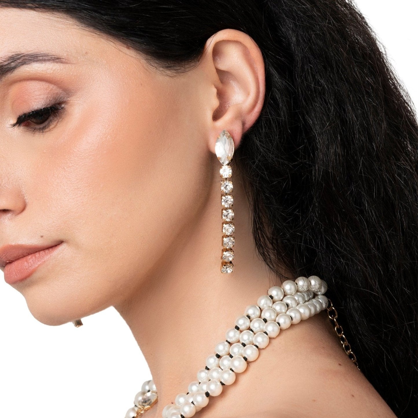 Orecchini pendenti lunghi con filo di strass con pietra a forma di foglia crystal - Mya Accessories