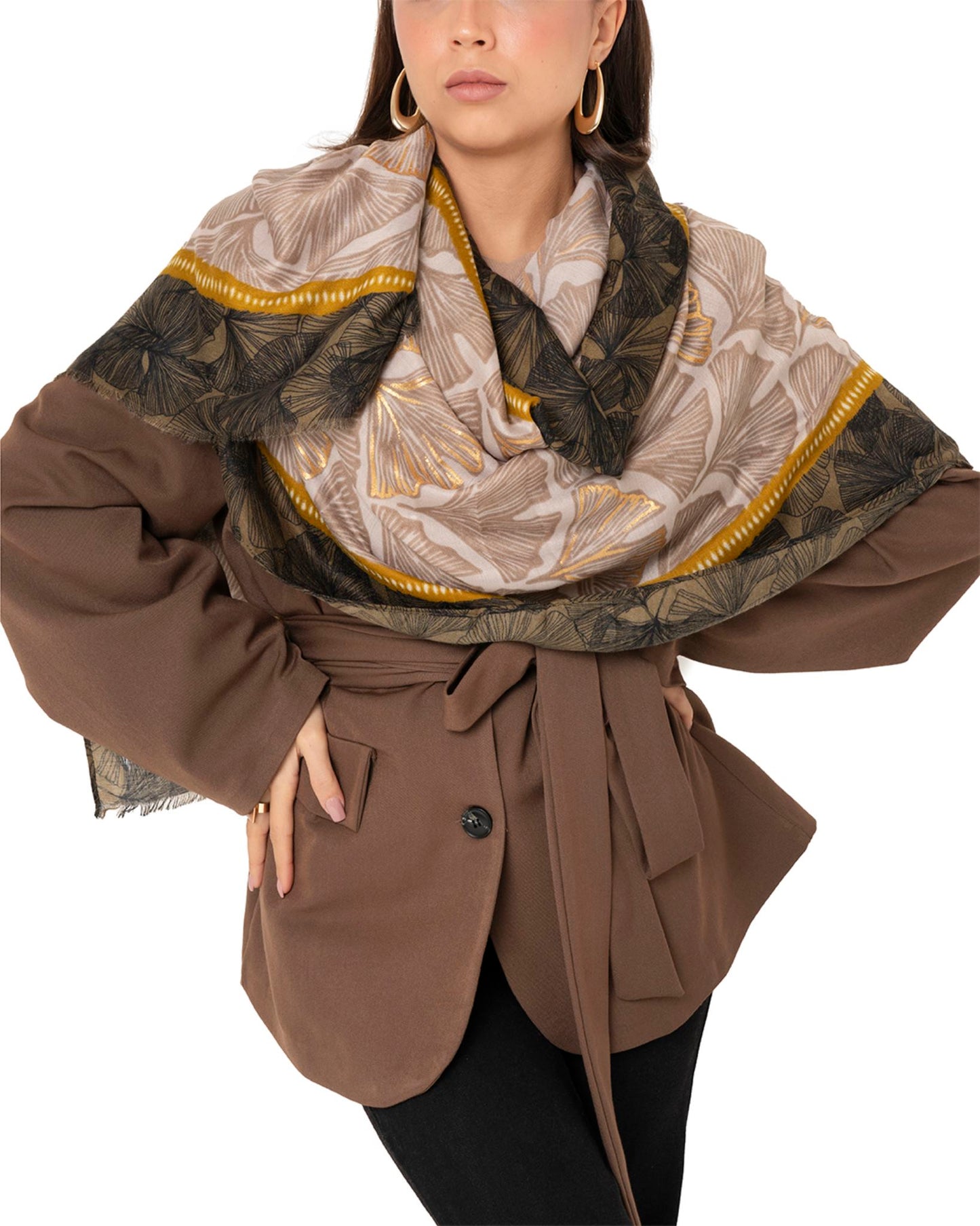 Sciarpa misto cotone marrone con stampa a fiori