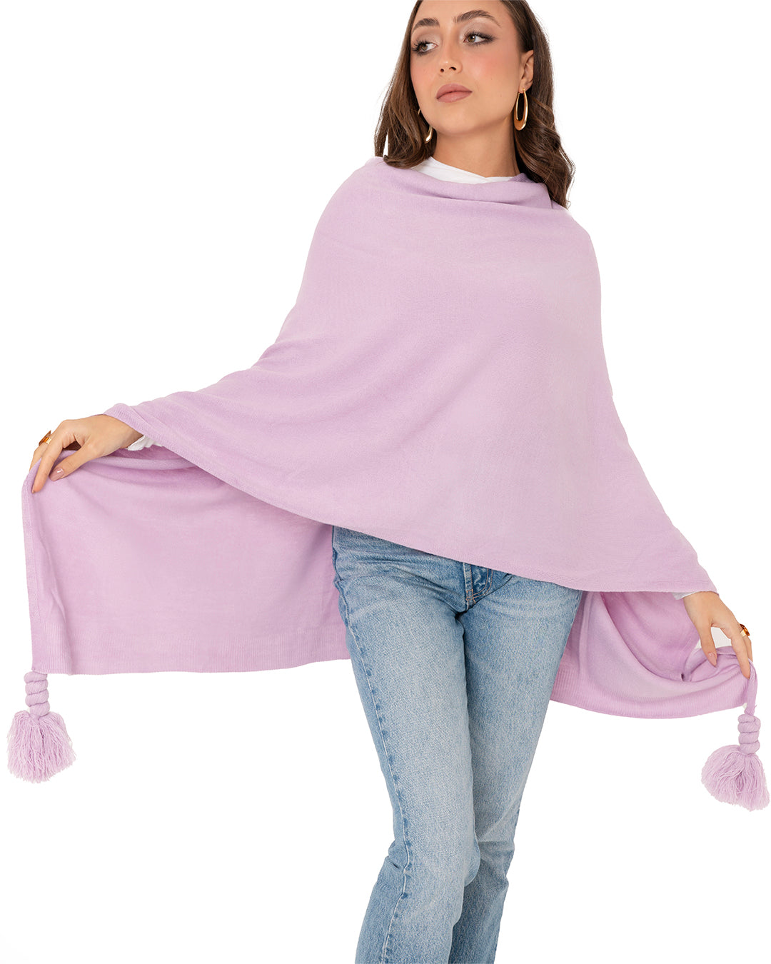 Poncho mantella in acrilico con nappine lilla