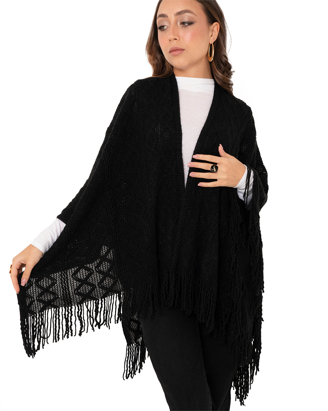 Scialle con frange laterali in acrilico nero