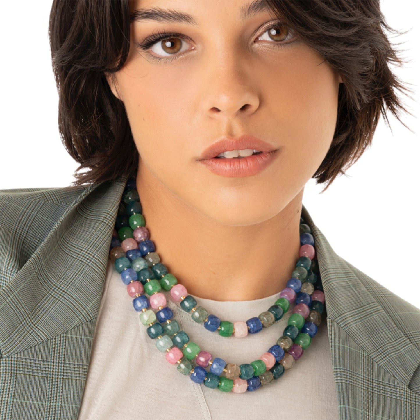 Collana girocollo multi filo con pietre circolari in vetro multicolore