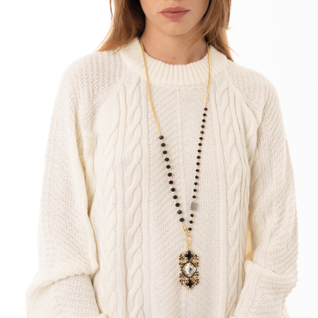 Collana lunga a catena con pendente in vetro nero e grigio