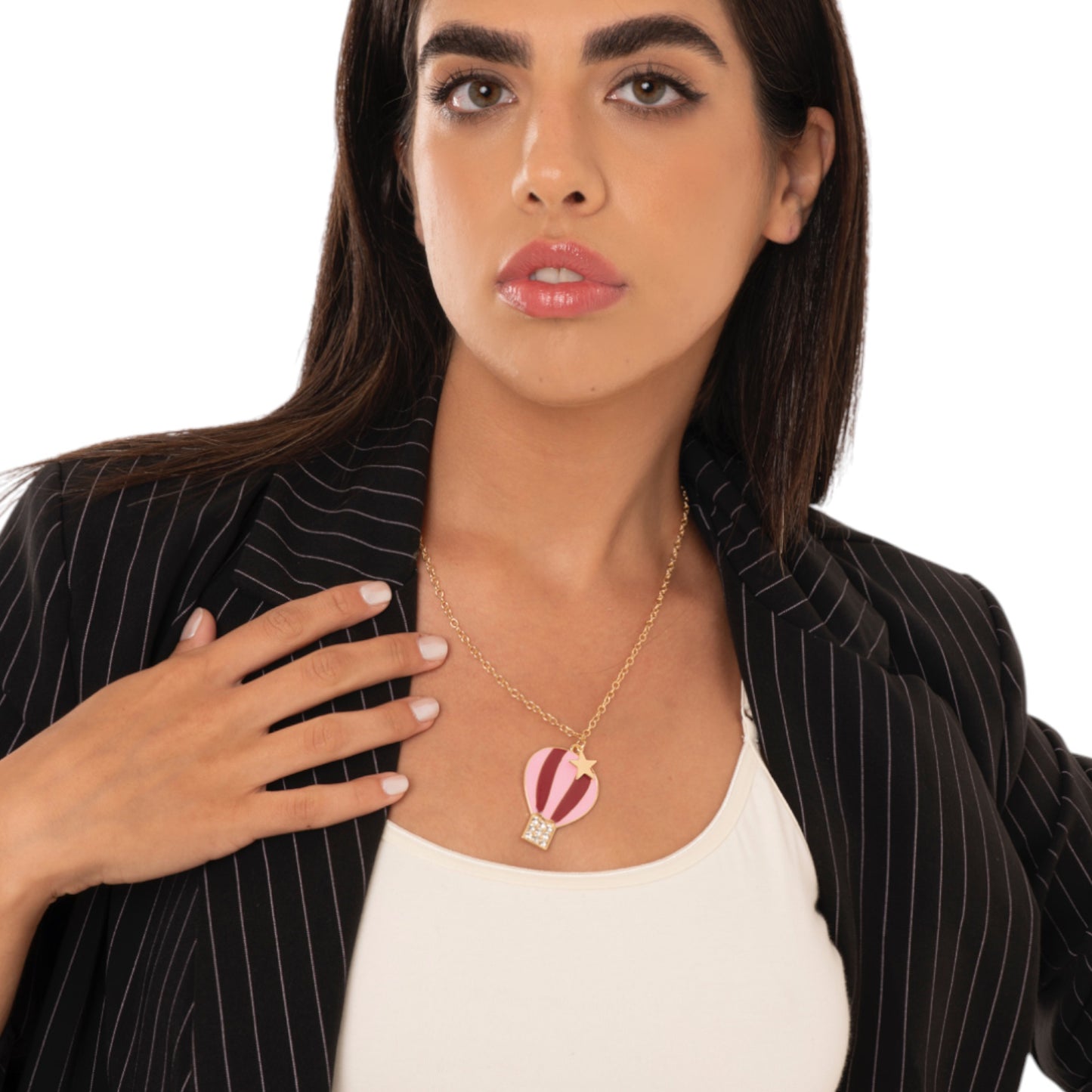 Collana girocollo a catena sottile con pendente a mongolfiera smaltata tono rosa