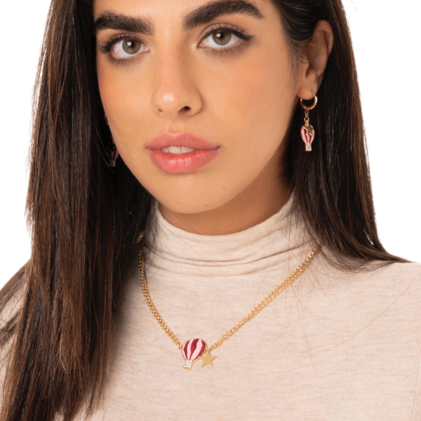 Collana girocollo a due fili con catena sottile e pendente a mongolfiera smaltata tono rosa