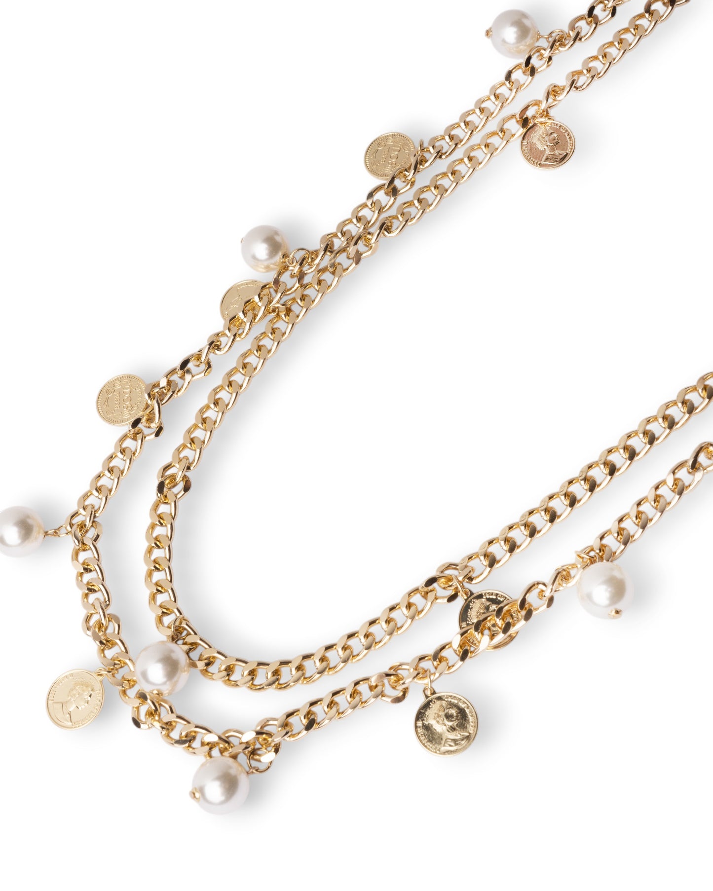 Collana con doppio filo di catene con perle in vetro e medagliette in metallo