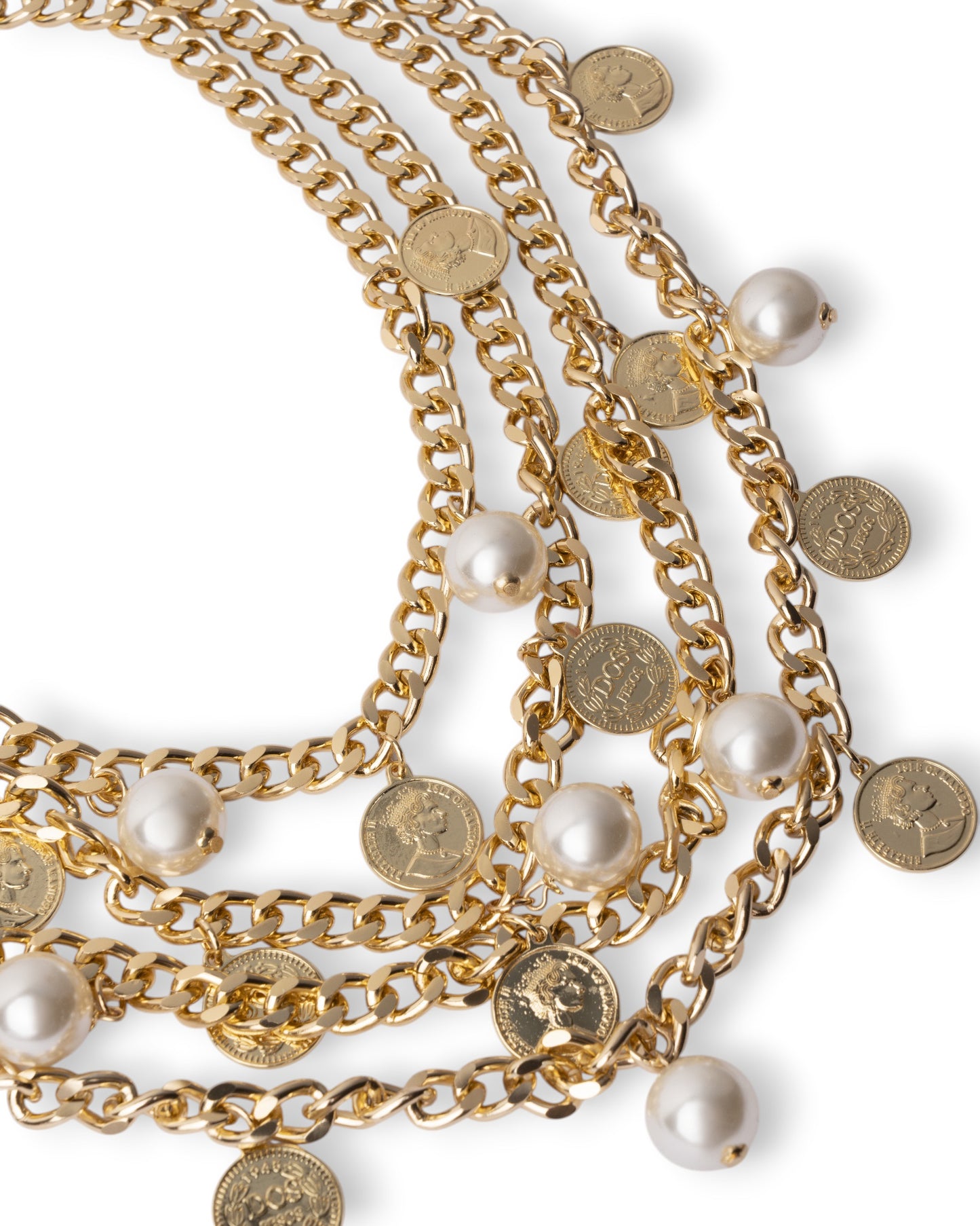 Collana girocollo multi catene con perle in vetro e medagliette in metallo