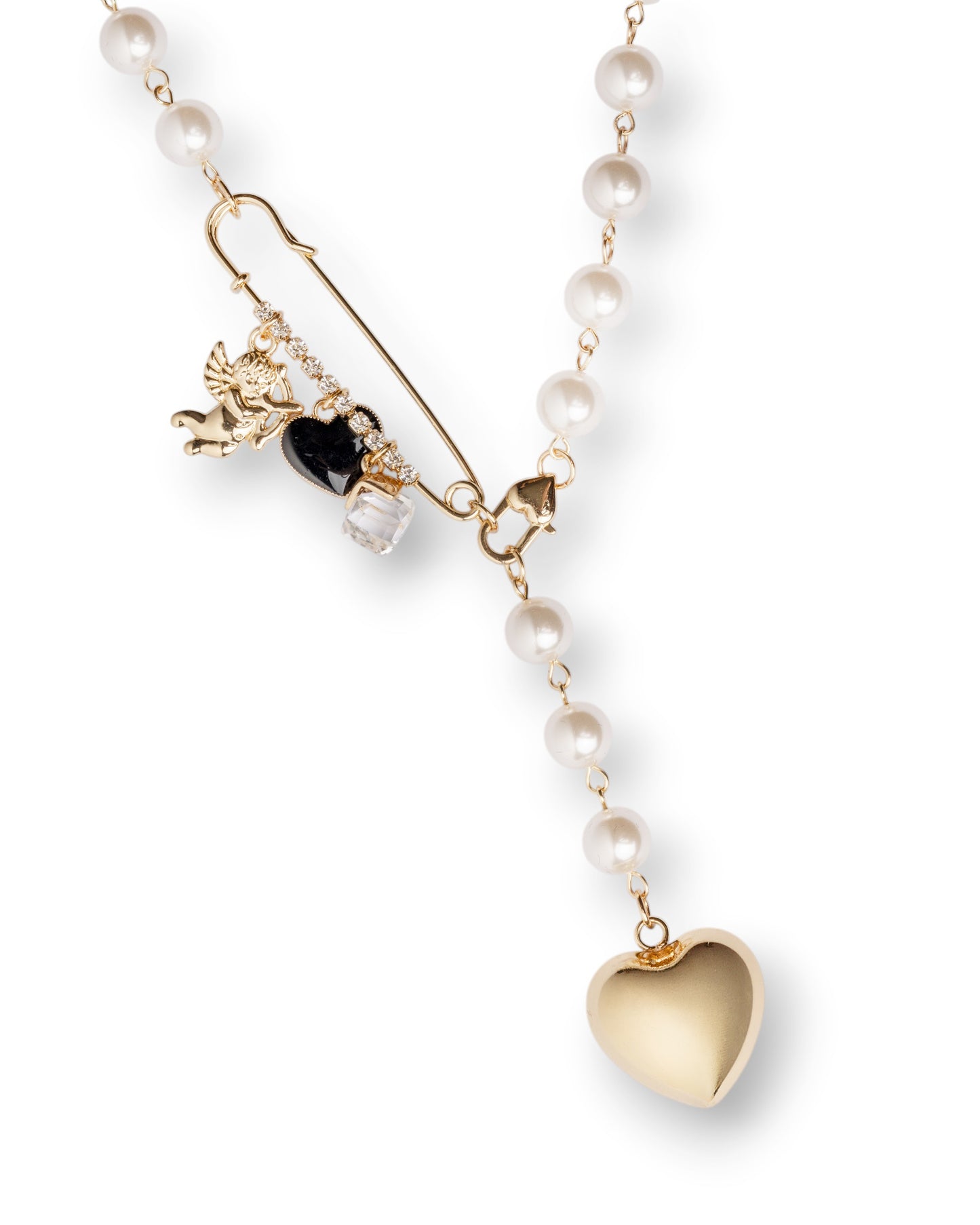 Collana lunga con pietre in vetro e spilla da balia, pendente a cuore