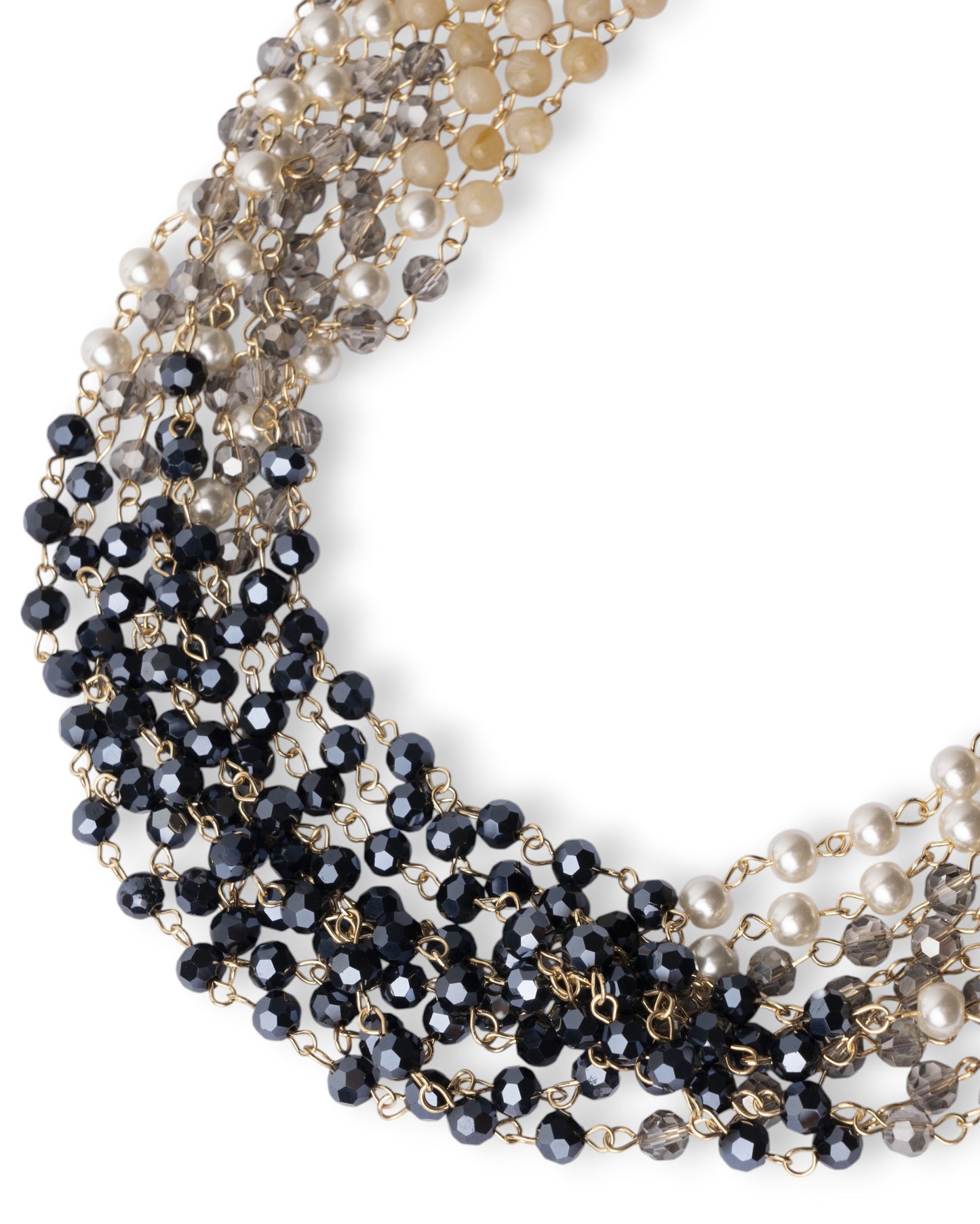 Collana girocollo multi filo con pietre in vetro ed acrilico tono grigio e giallo