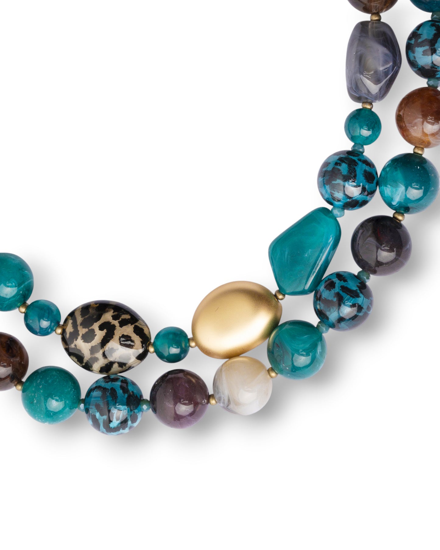 Collana girocollo a due fili con pietre in vetro ed acrilico animalier tono petrolio