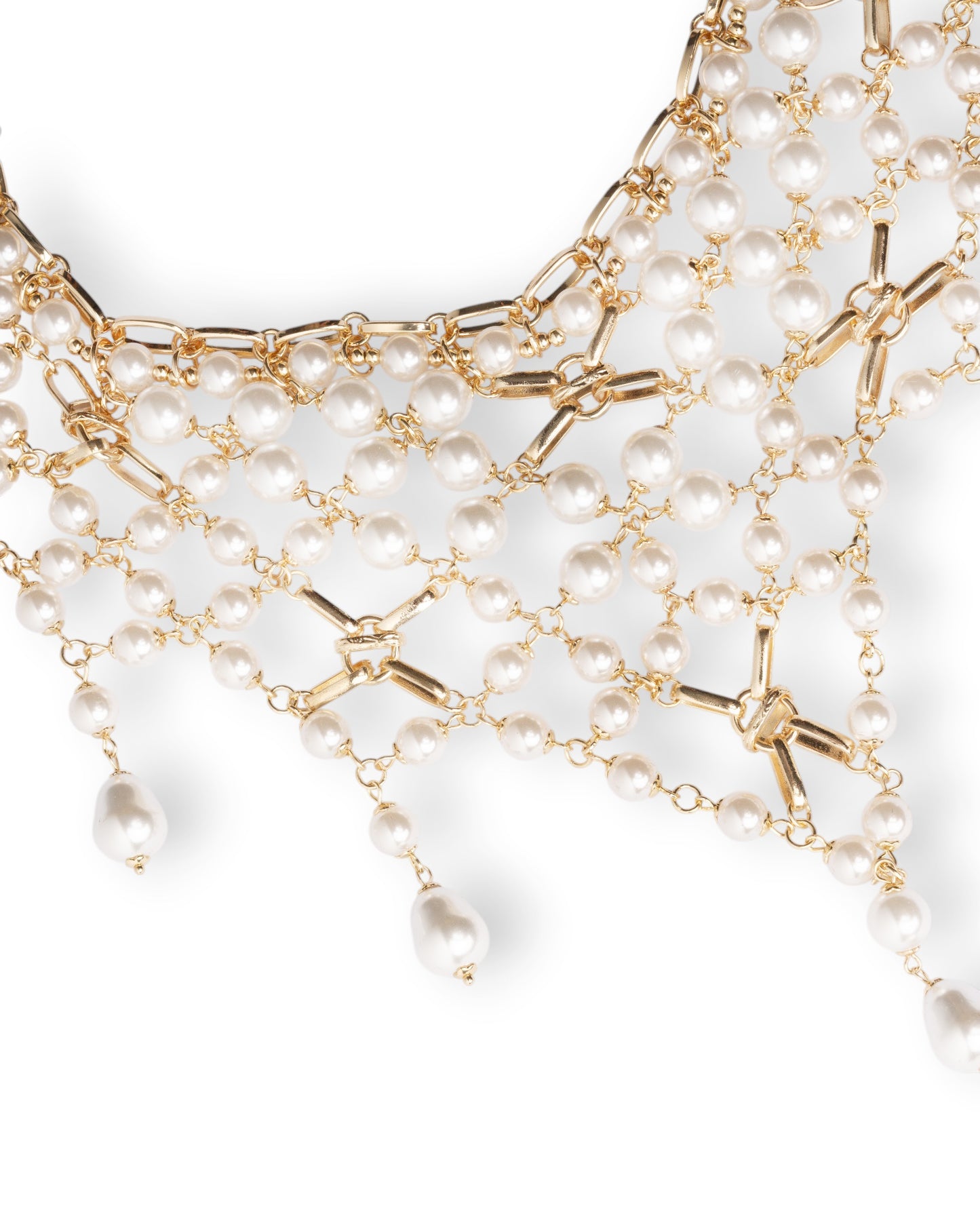Collana girocollo design a rete in metallo con cascata di perle in vetro