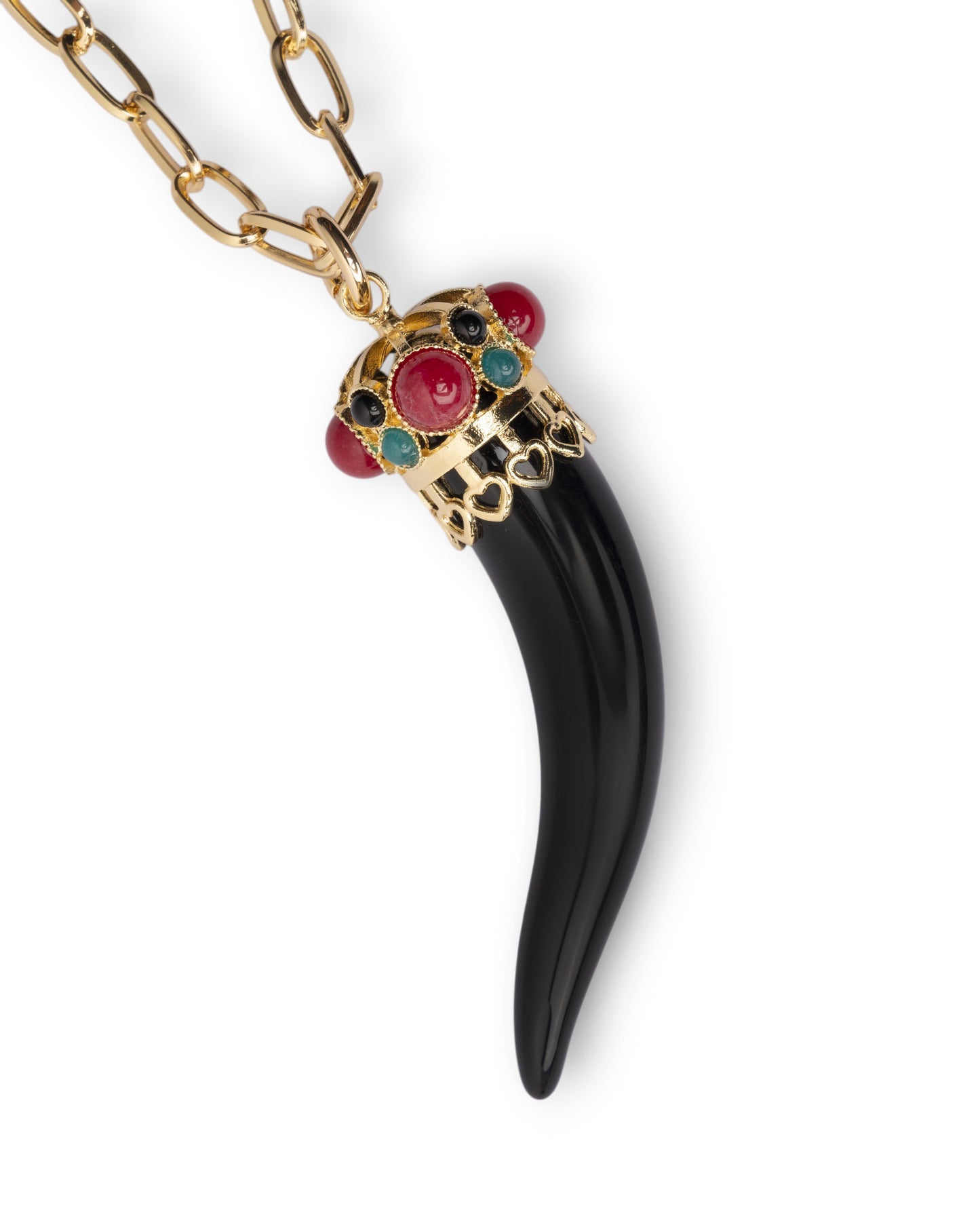Collana lunga a catena con pendente in acrilico a forma di corno nero