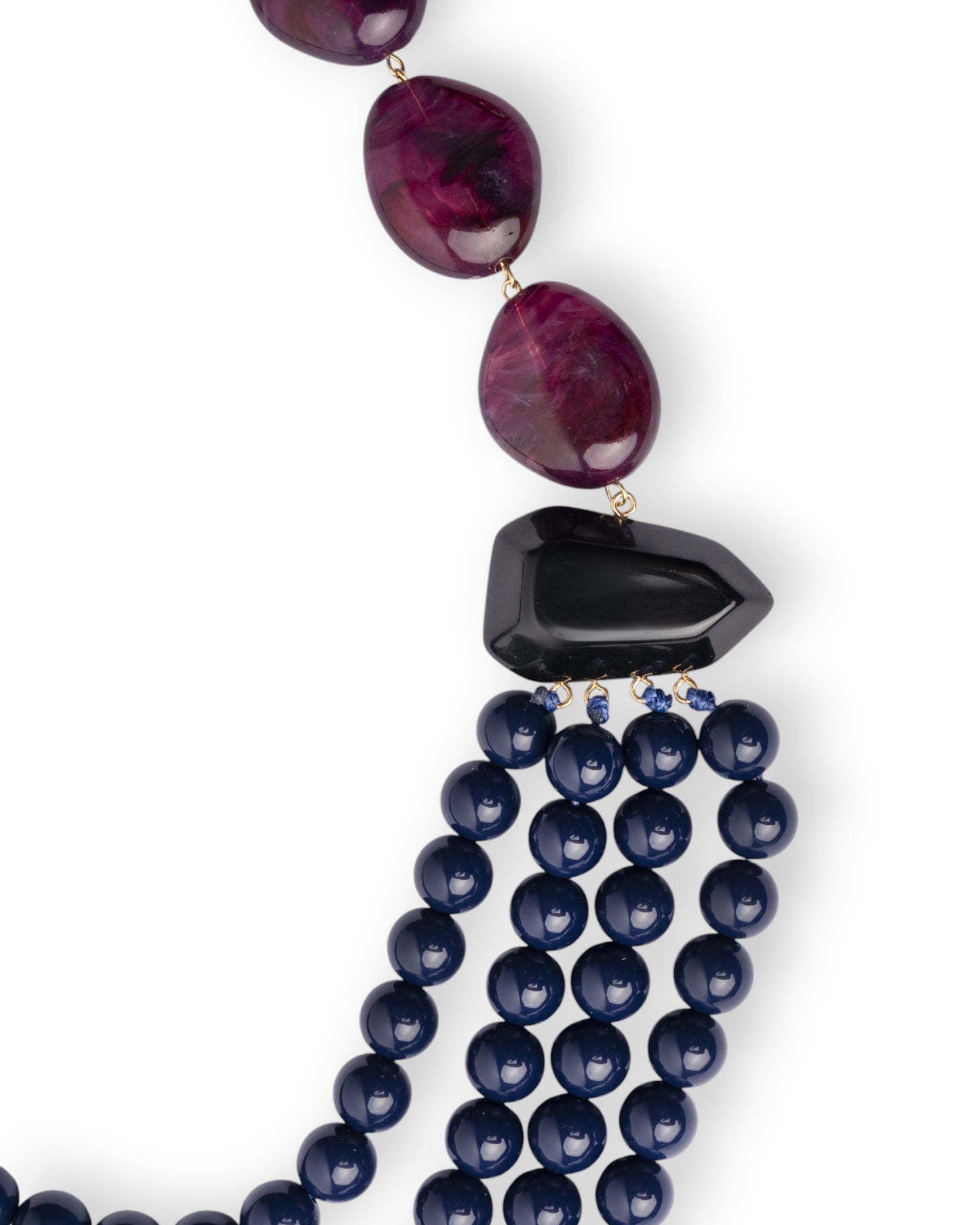 Collana multi filo con mix di pietre in resina ed acrilico tono blu e viola