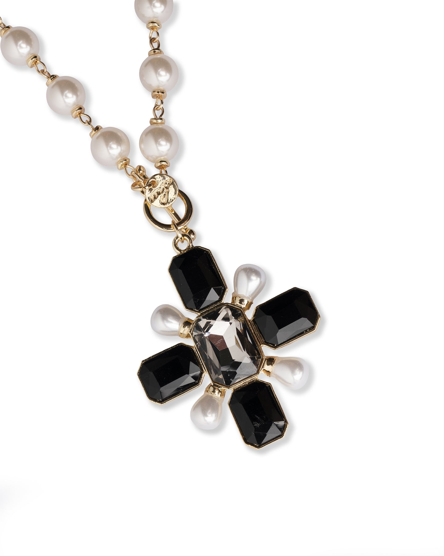 Collana girocollo con sfere in vetro e pendente a croce tono nero