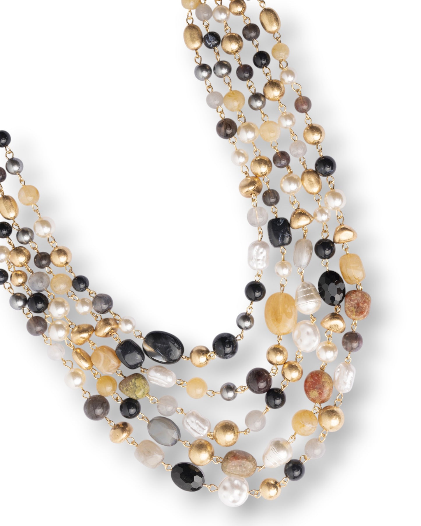 Collana girocollo multi filo con pietre in acrilico e vetro tono beige e nero