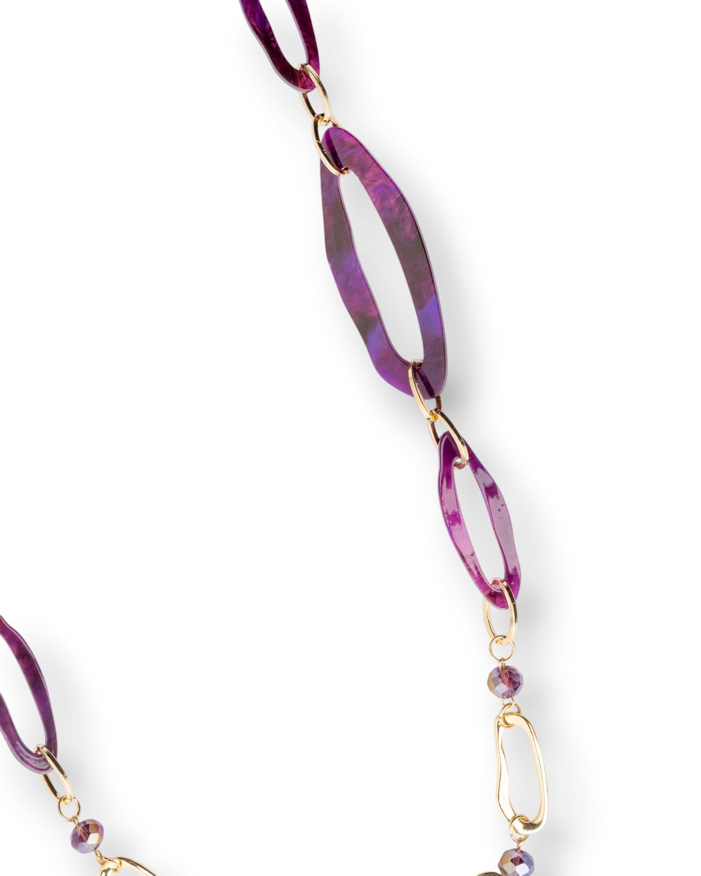 Collana lunga con catena in metallo ed inserti in acrilico tono viola