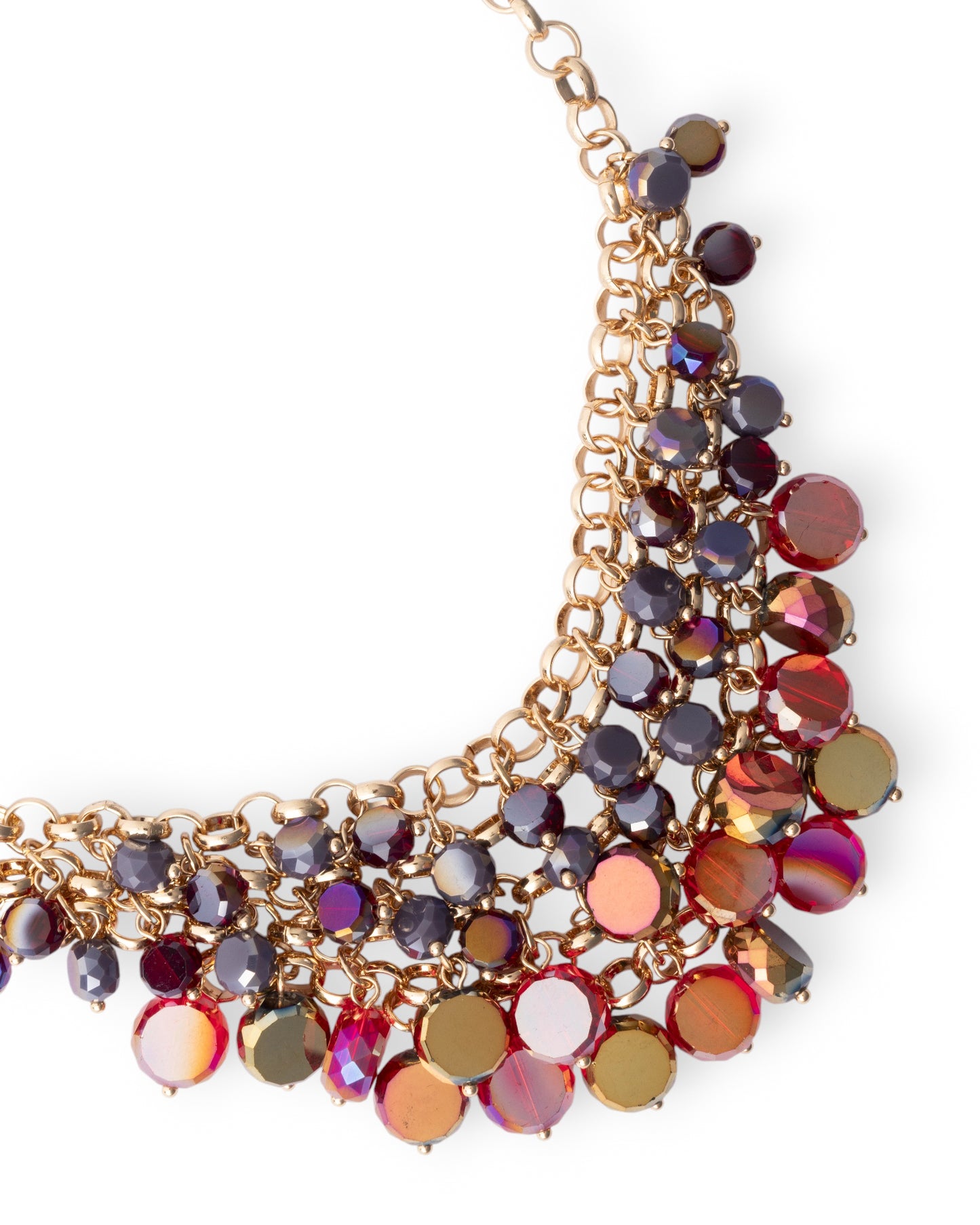 Collana girocollo a catena con cascata di pietre in vetro tono viola e rosso