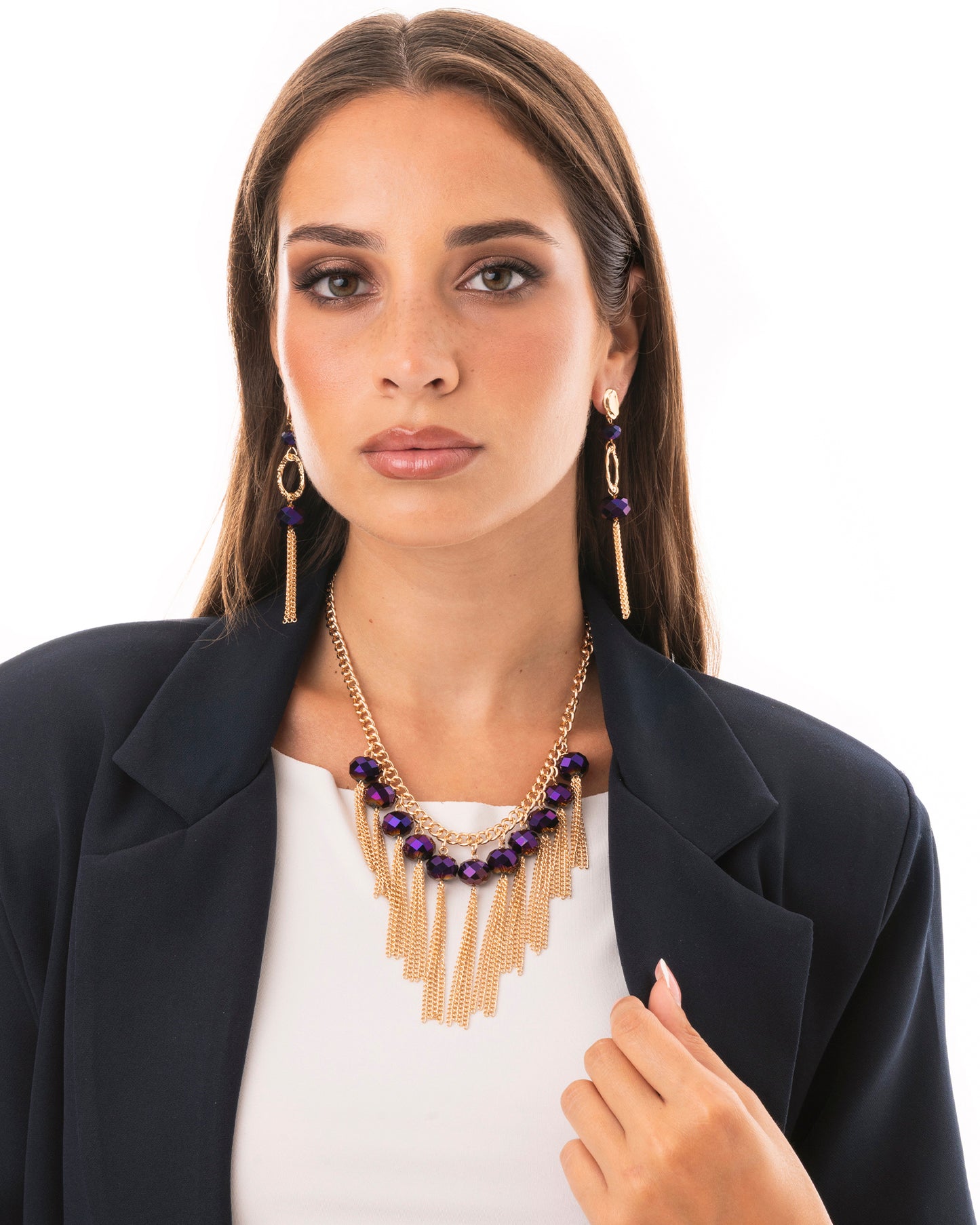Collana girocollo a catena con pietre viola in vetro e frange pendenti