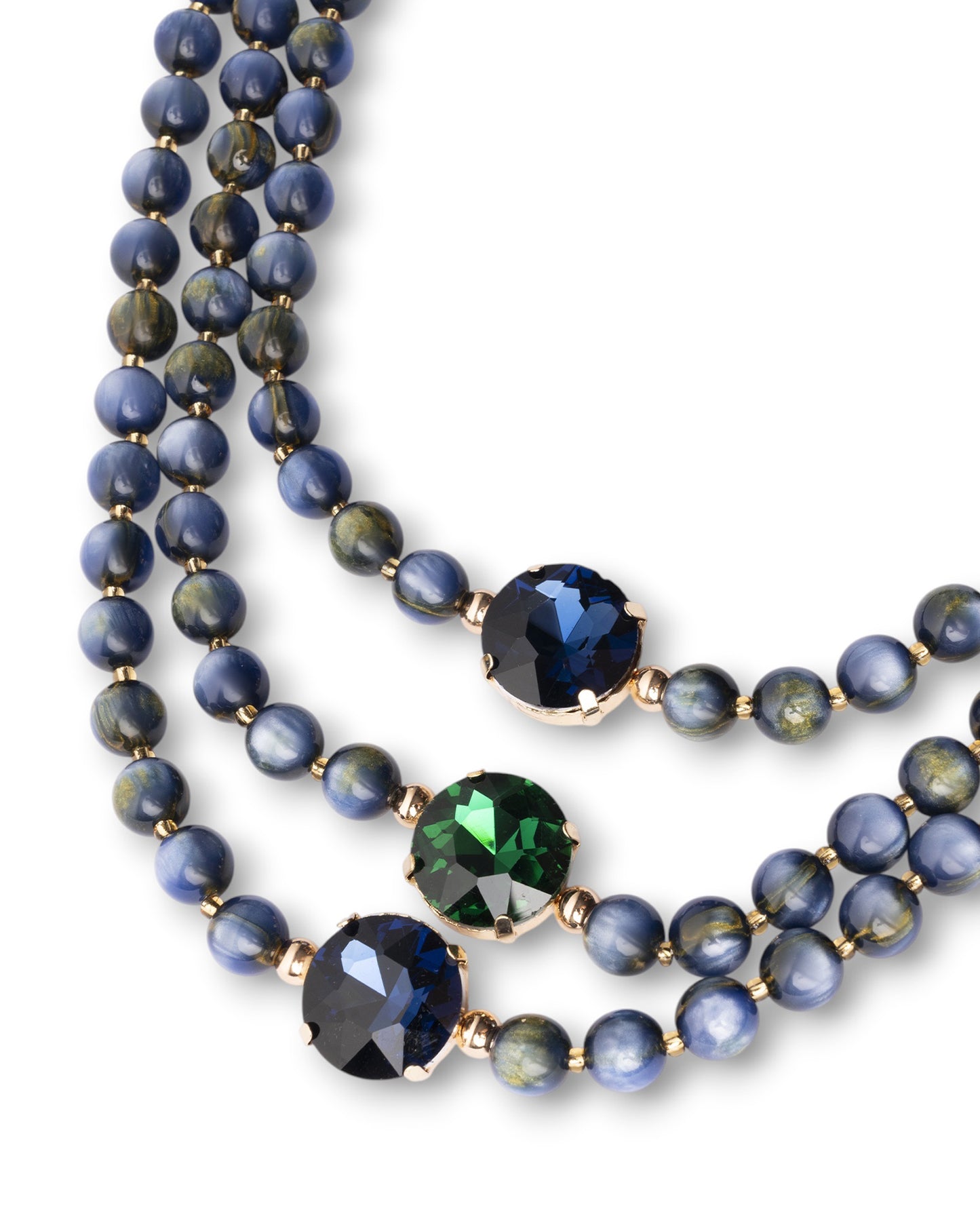 Collana a tre fili con sfere in acrilico e pietre in vetro tono blu e verde