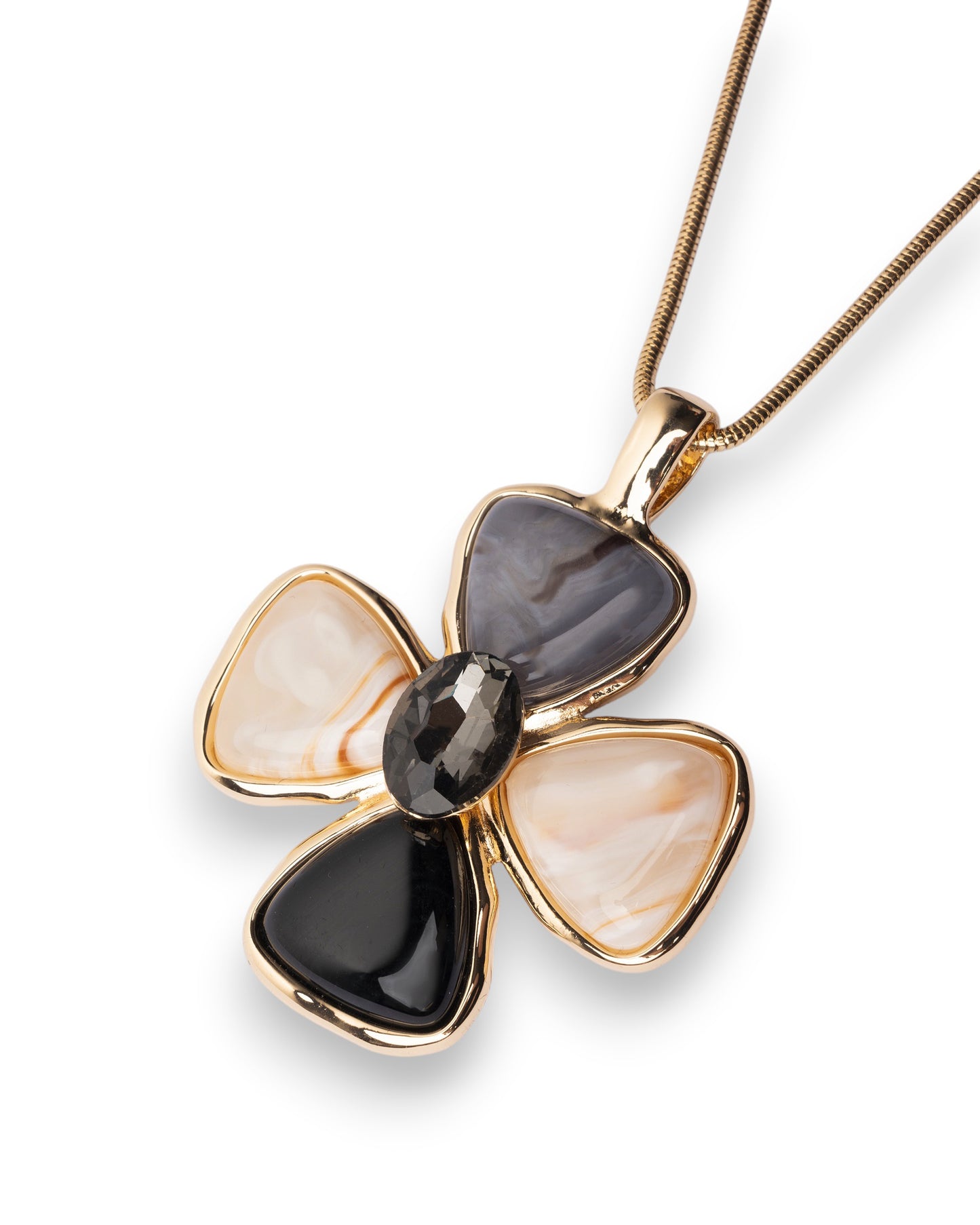 Collana lunga con catena snake e pendente a fiore in resina nei toni nero e beige