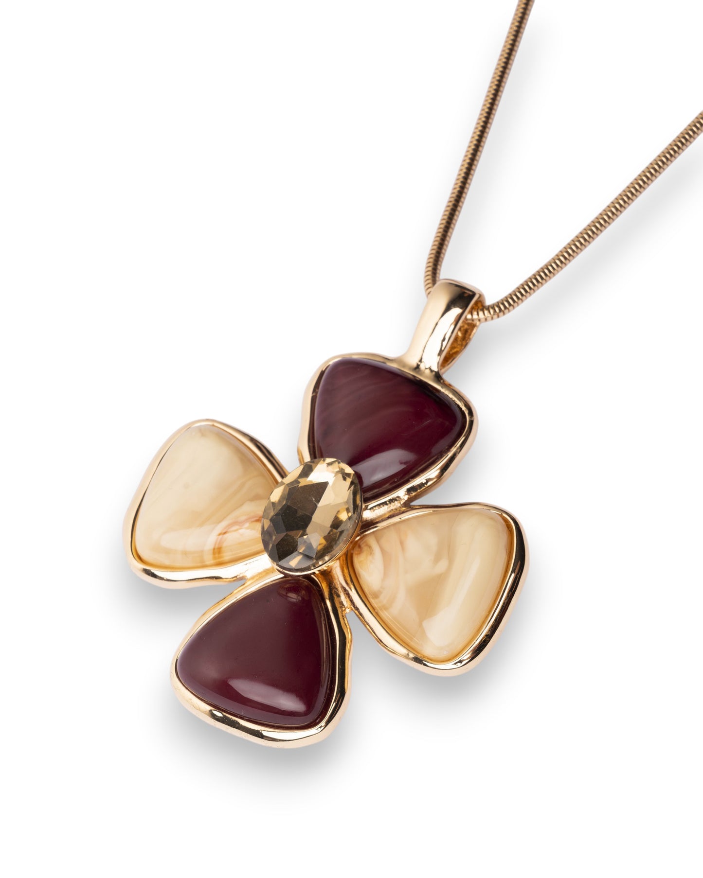 Collana lunga con catena snake e pendente a fiore in resina nei toni viola e beige