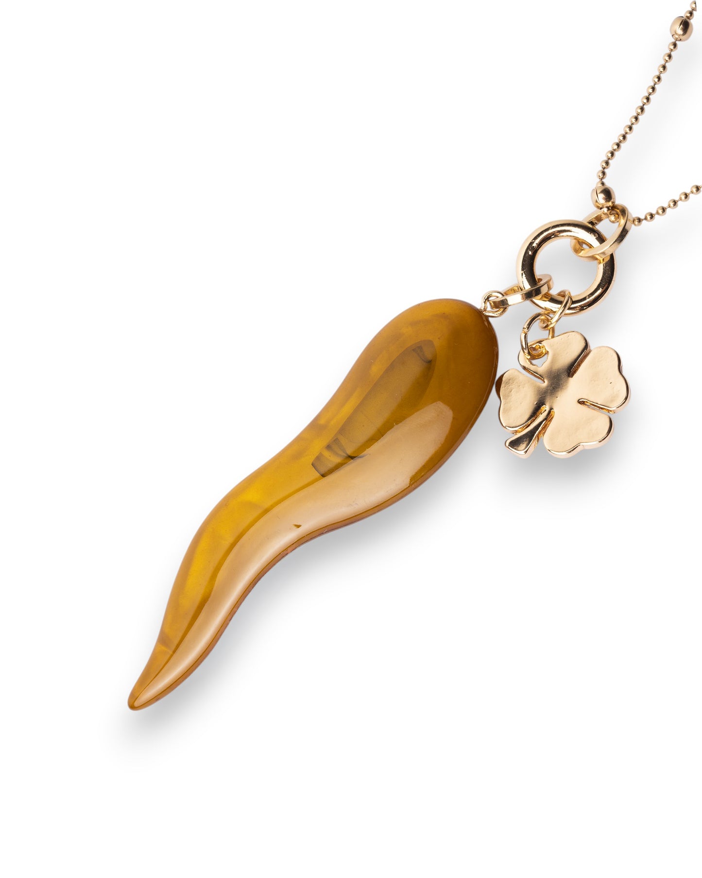 Collana lunga con catena sottile e pendente corno schiacciato in acrilico ocra
