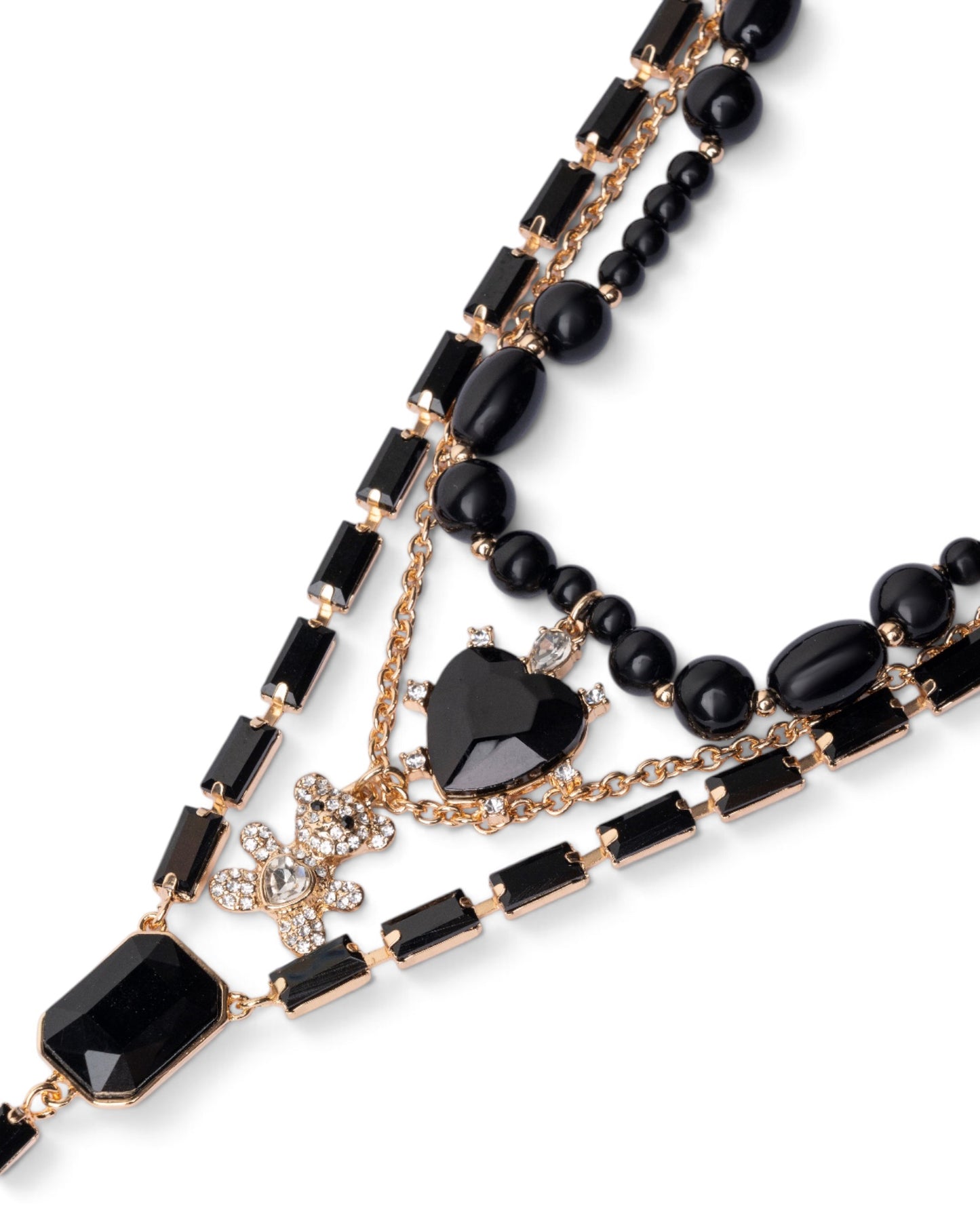 Collana girocollo multi filo con pietre in acrilico e vetro e charms pendenti