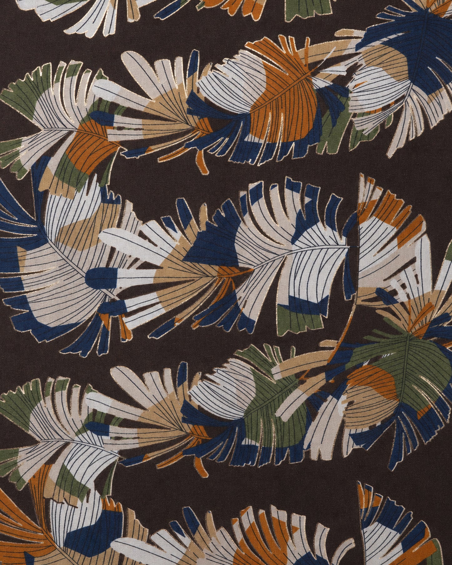Sciarpa in cotone marrone con stampa a foglie tropicali multicolore