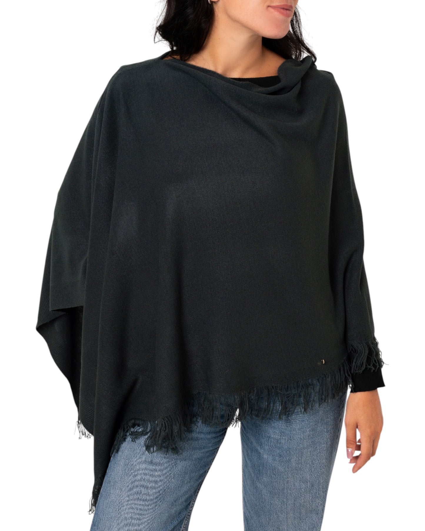 Poncho verde scuro con frange