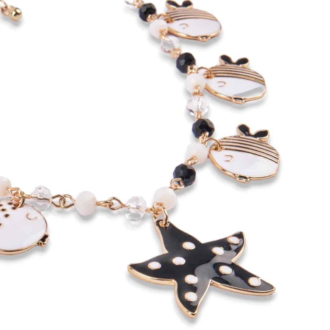 Collana vetro charms pesce in Metallo colore Oro- Nero e Bianco