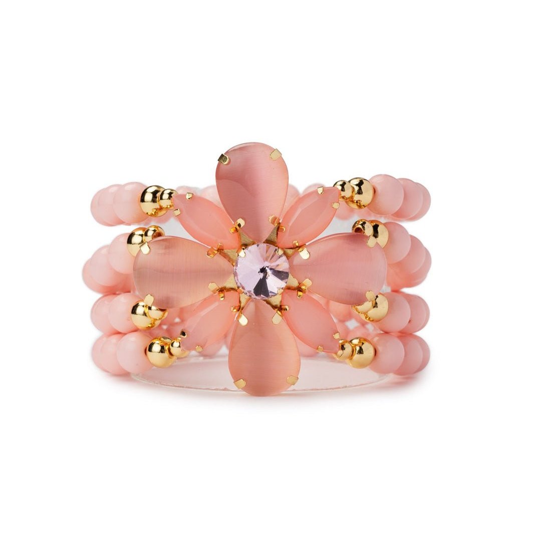 Bracciale a quattro fili in acrilico elastici con fiore in vetro rosa chiaro - Mya Accessories