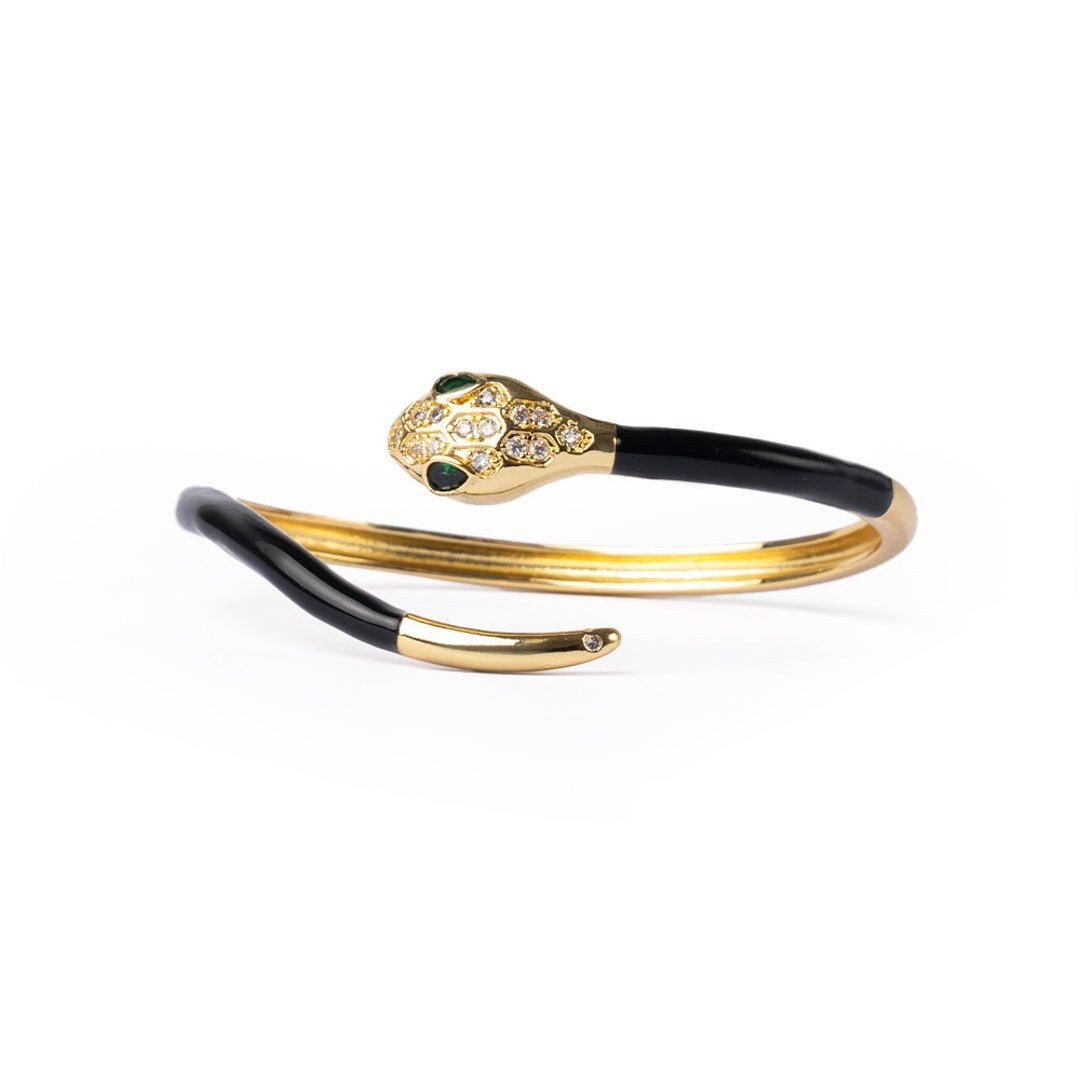 Bracciale in ottone a serpente smaltato nero con zirconi - Mya Accessories