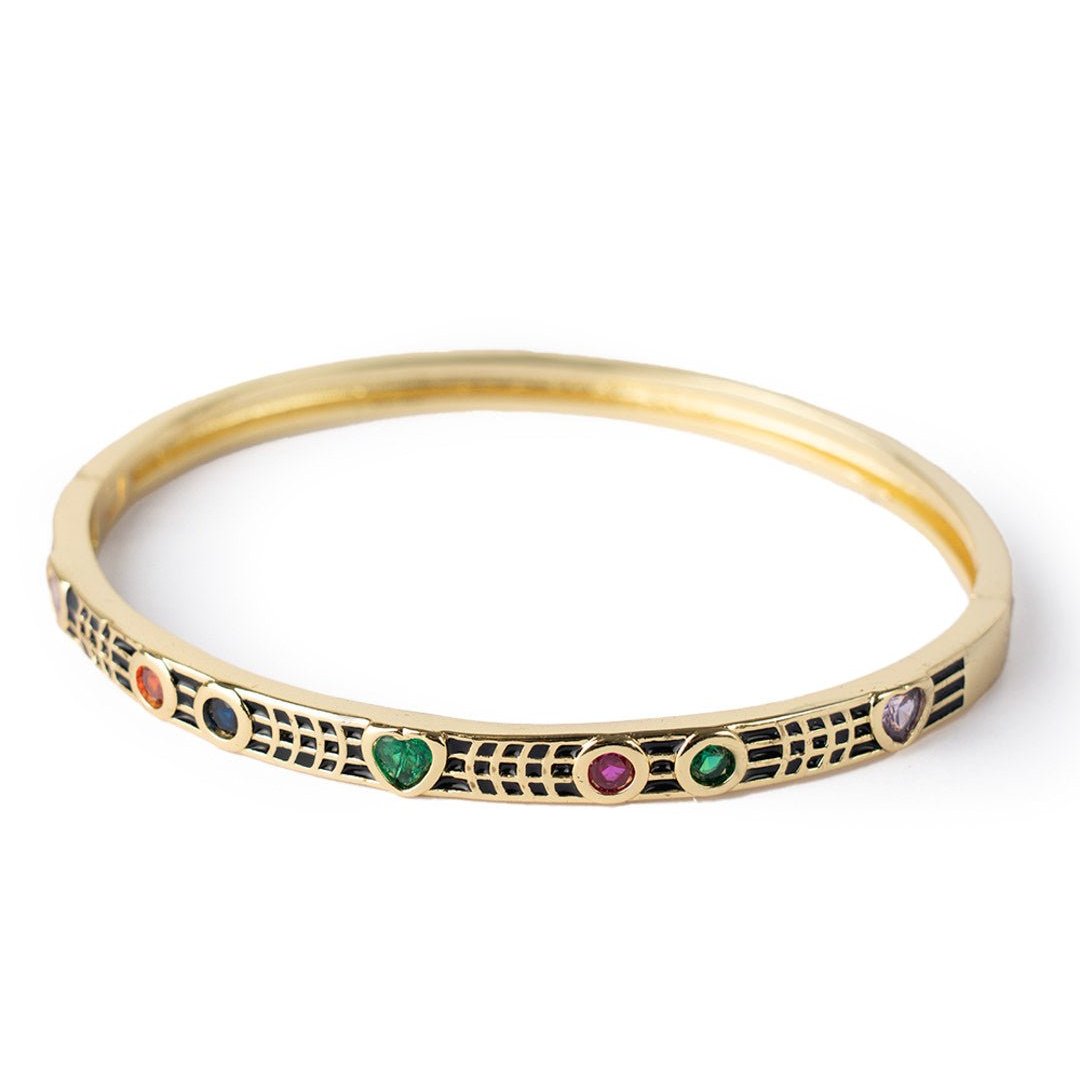 Bracciale in ottone a manetta smaltato nero con zirconi a cuoricini multicolore - Mya Accessories
