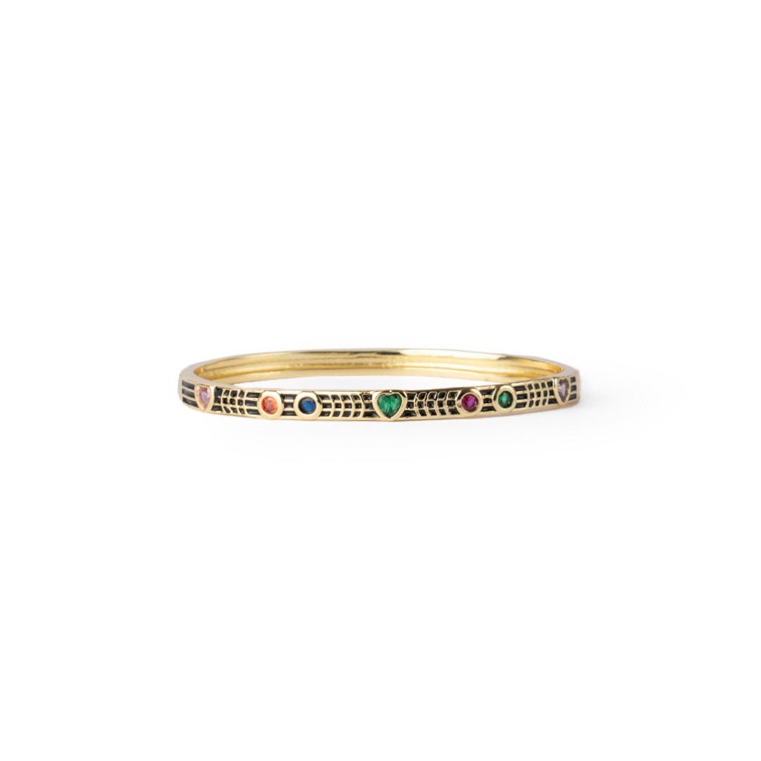 Bracciale in ottone a manetta smaltato nero con zirconi a cuoricini multicolore - Mya Accessories