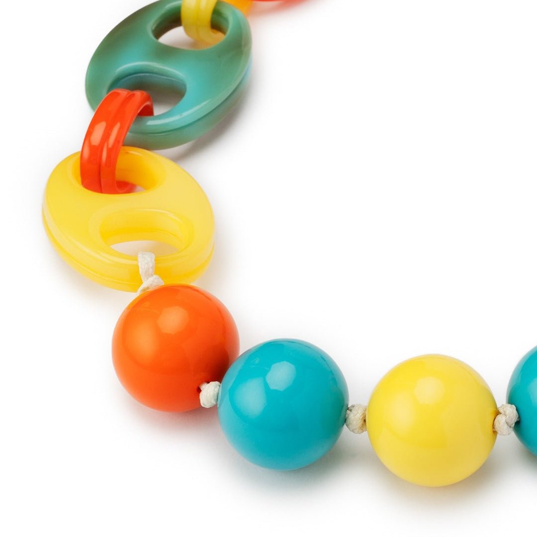 Collana girocollo in acrilico, con sfere gialle, turchese ed arancio - Mya Accessories