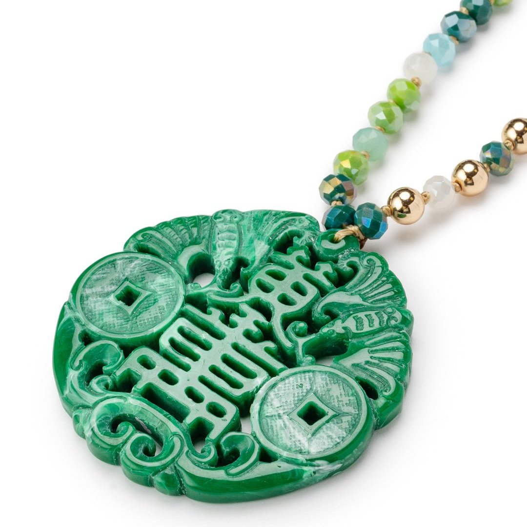 Collana lunga con microcristalli e pendente in acrilico mandala verde - Mya Accessories