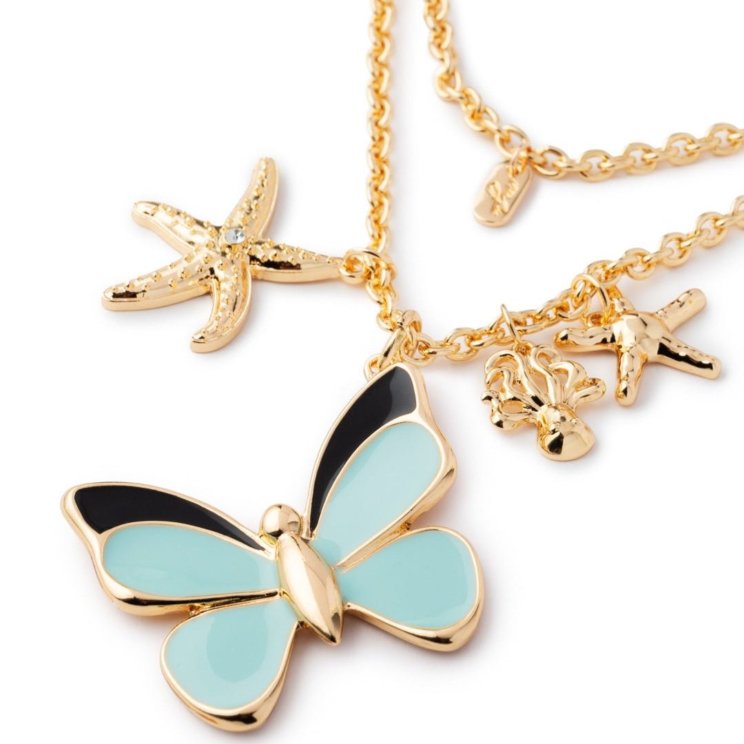 Collana girocollo doppia linea a catena con pendente a farfalla smaltata verde acqua - Mya Accessories