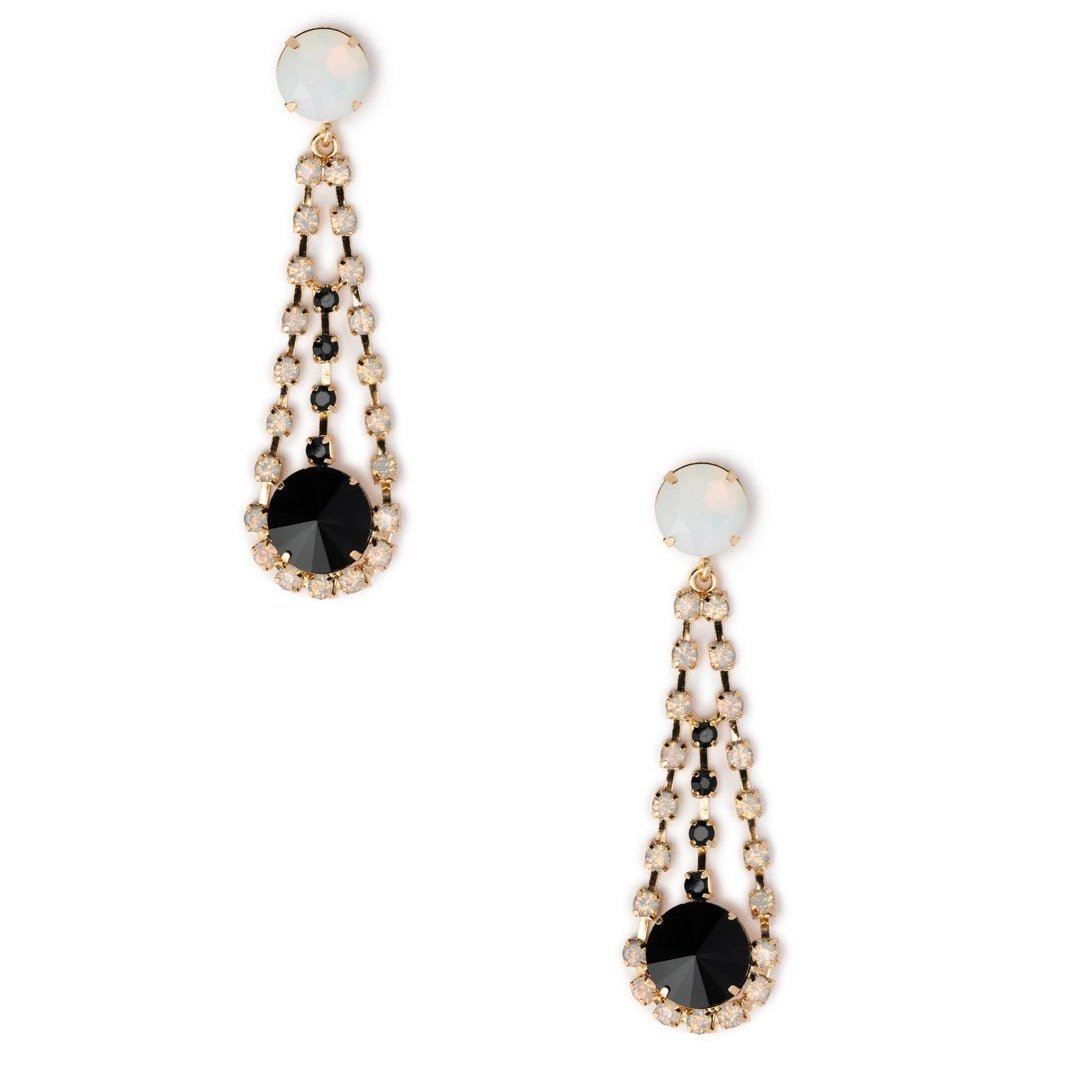 Orecchini pendenti in metallo, goccia con strass bianchi e neri - Mya Accessories