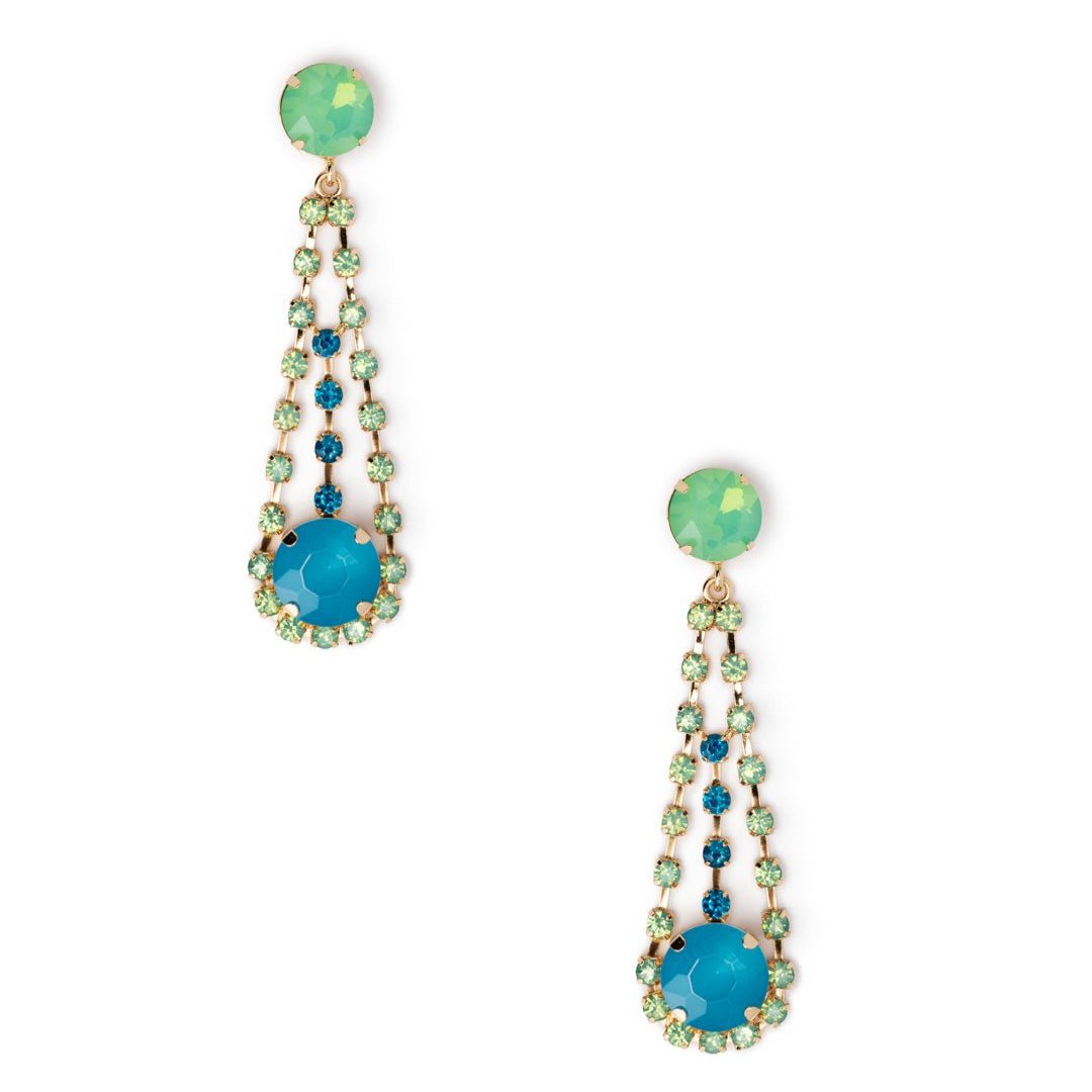 Orecchini pendenti in metallo, goccia con strass celeste e verdi - Mya Accessories